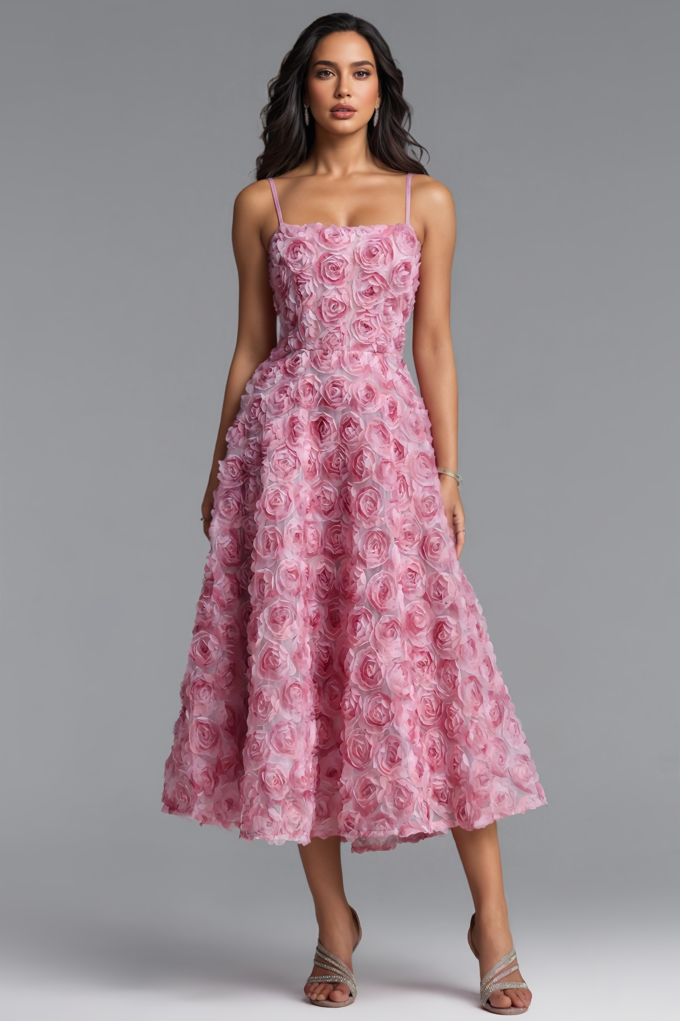 Fnoah Pink Halter 3D Floral Midi Dress