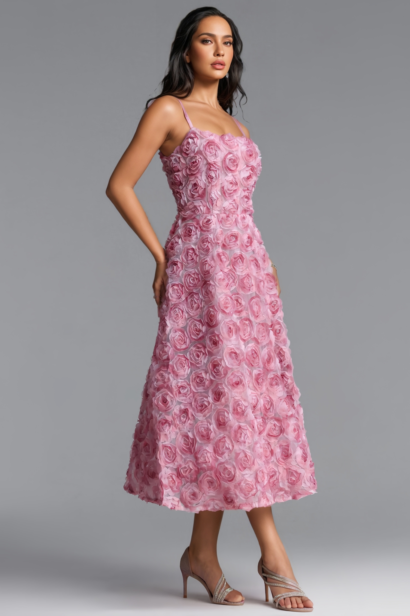 Fnoah Pink Halter 3D Floral Midi Dress