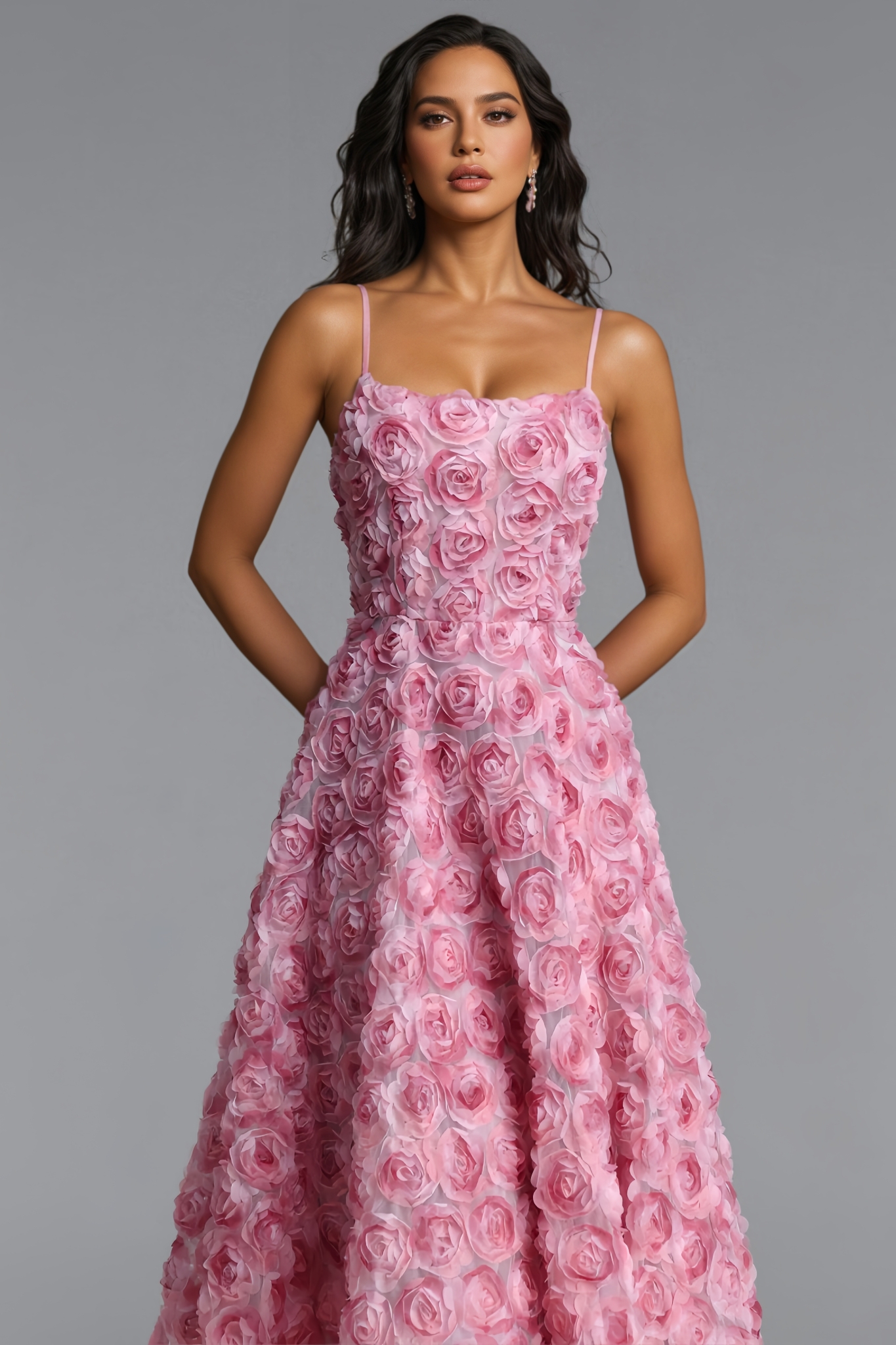 Fnoah Pink Halter 3D Floral Midi Dress