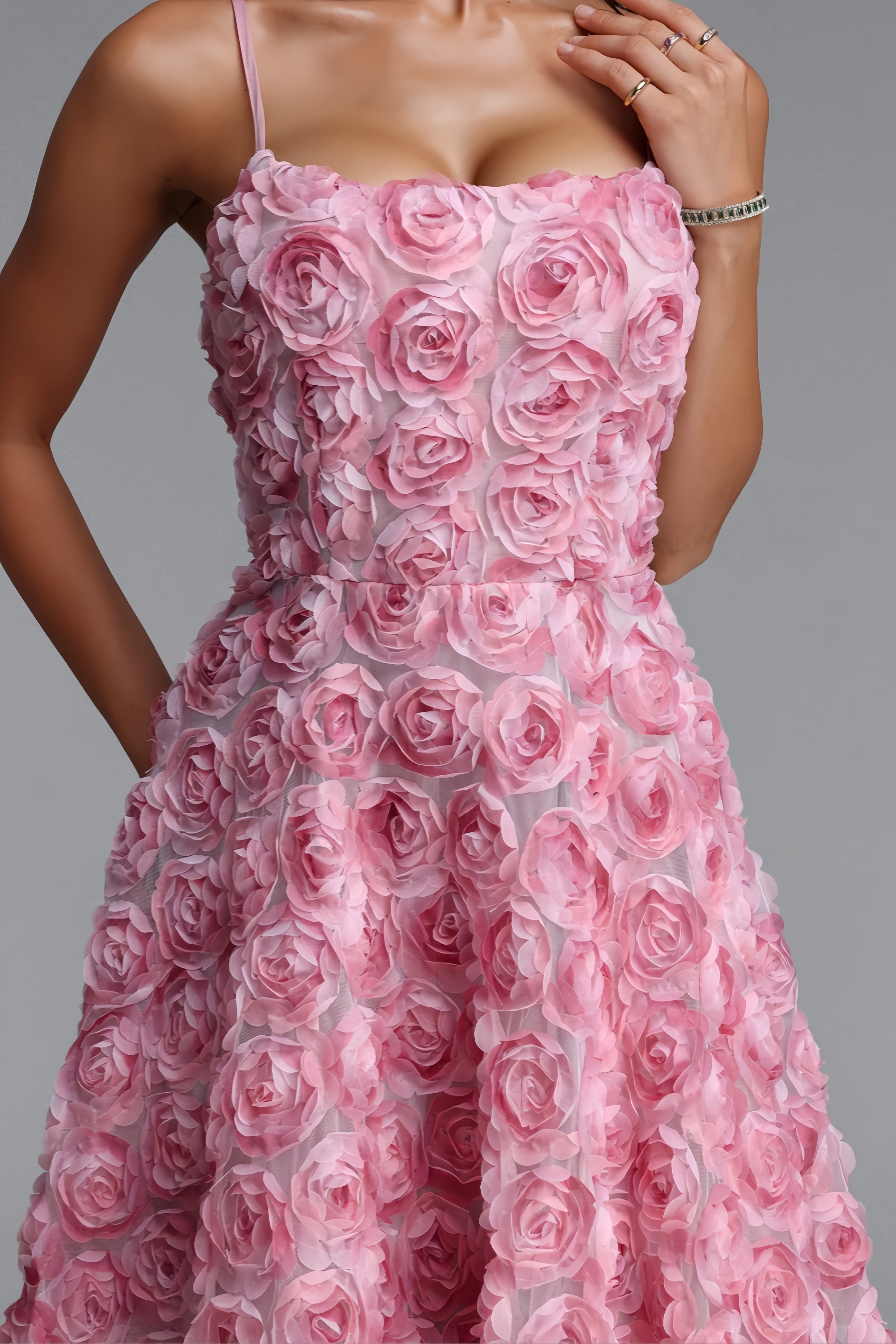 Fnoah Pink Halter 3D Floral Midi Dress