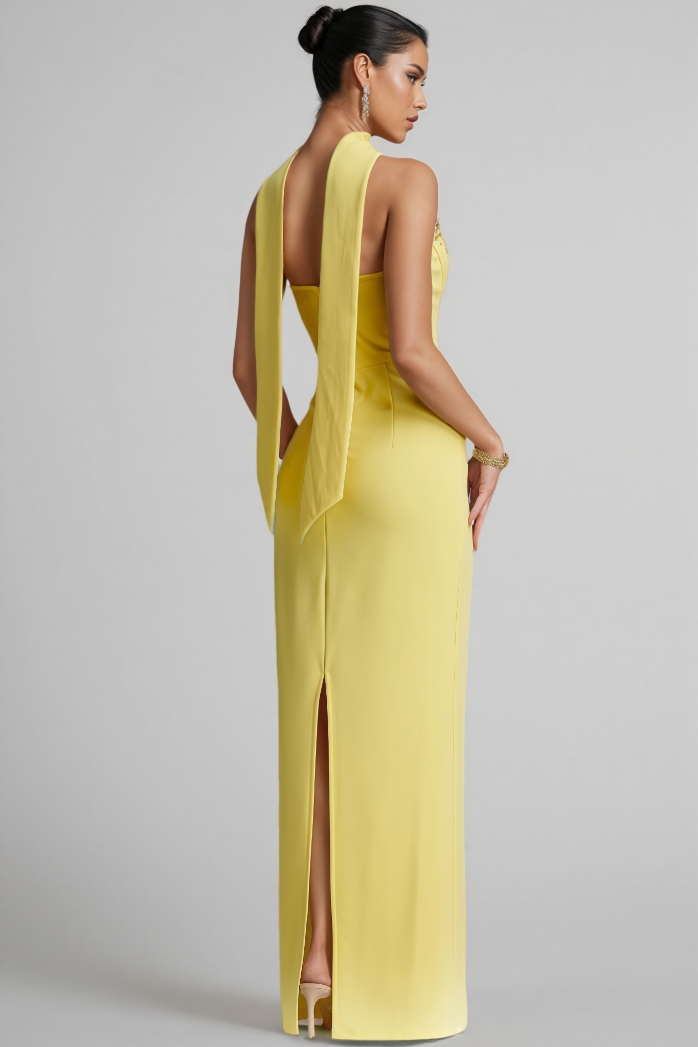 Lreyl Yellow Strapless Rhinestone Bandage Maxi Dress