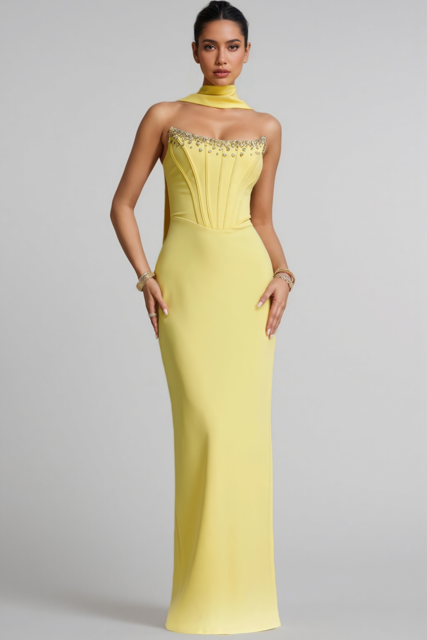 Lreyl Yellow Strapless Rhinestone Bandage Maxi Dress