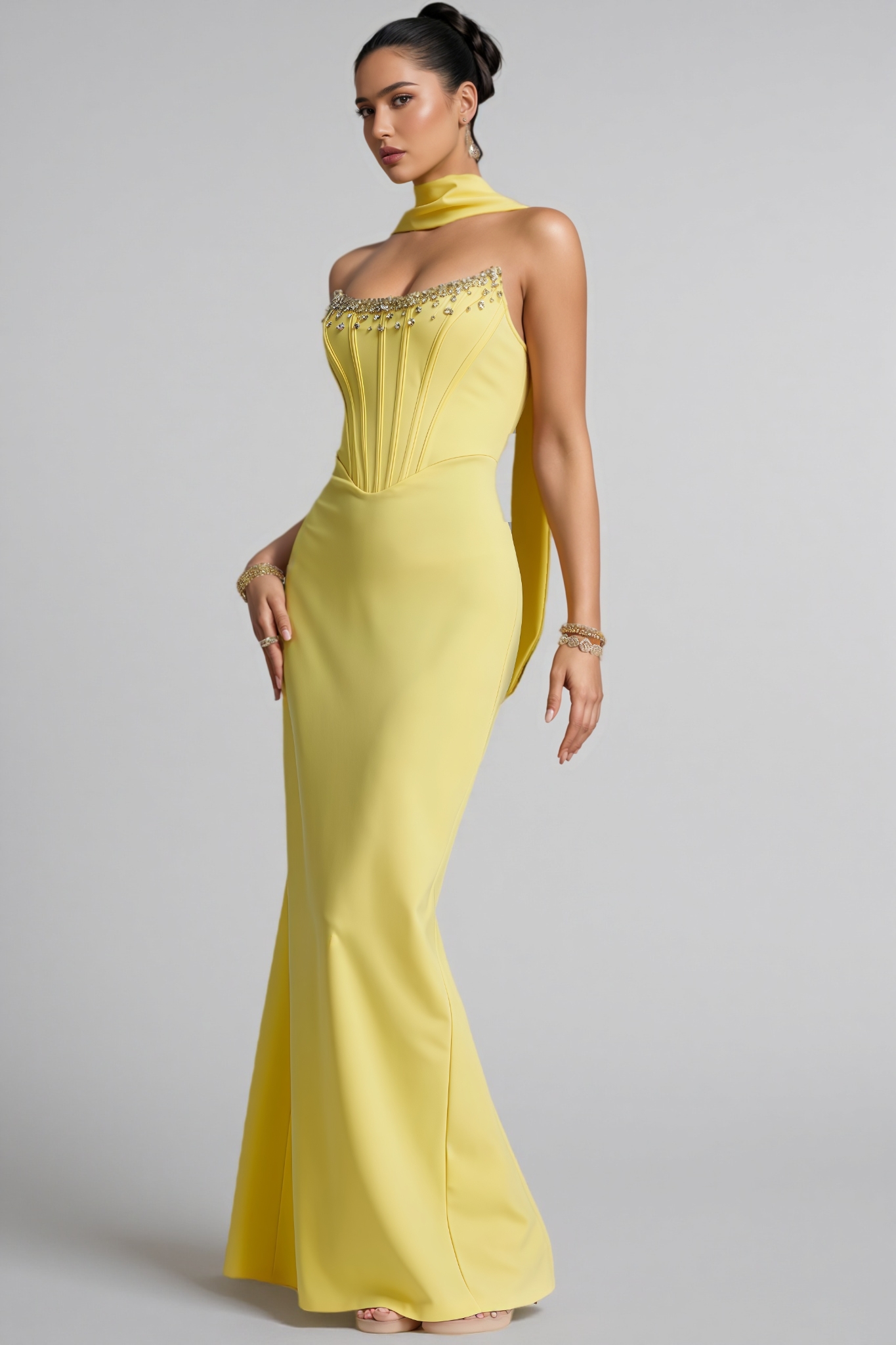 Lreyl Yellow Strapless Rhinestone Bandage Maxi Dress