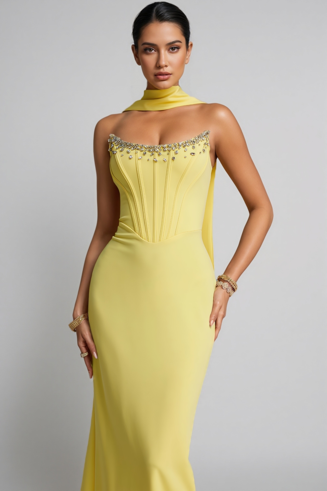 Lreyl Yellow Strapless Rhinestone Bandage Maxi Dress