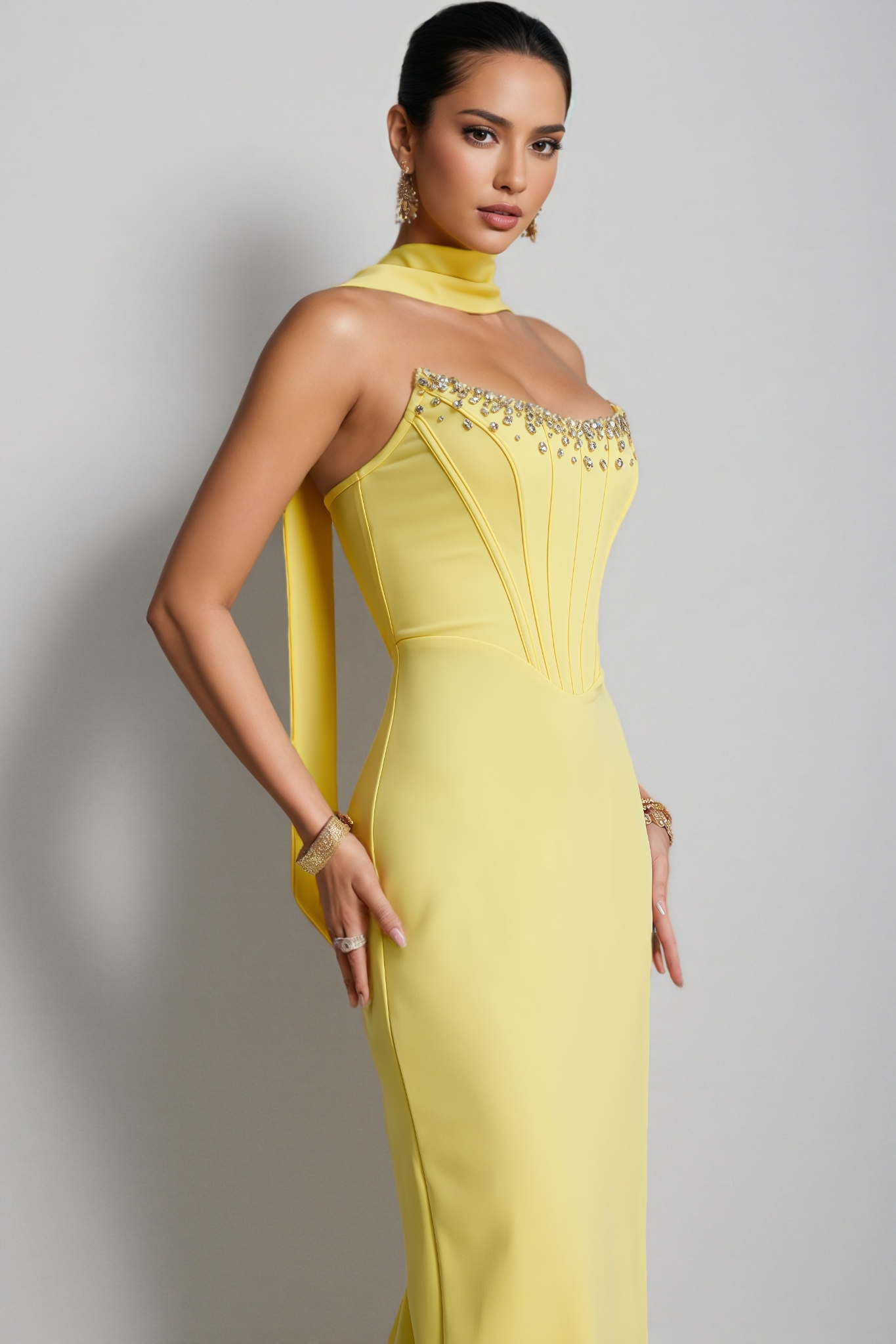 Lreyl Yellow Strapless Rhinestone Bandage Maxi Dress