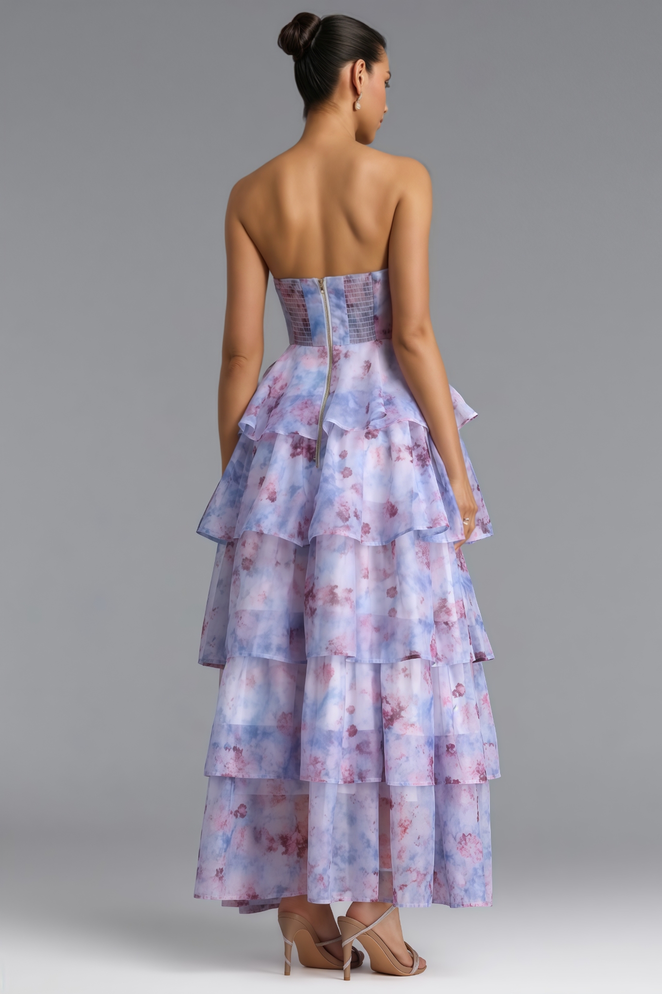 Easra Purple Strapless Floral Ruffle Maxi Dress