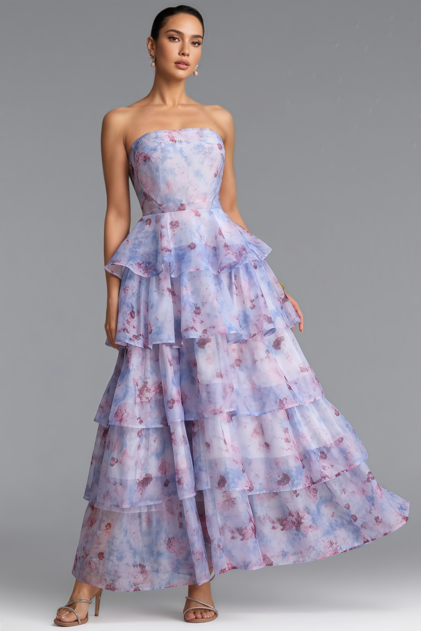 Easra Purple Strapless Floral Ruffle Maxi Dress