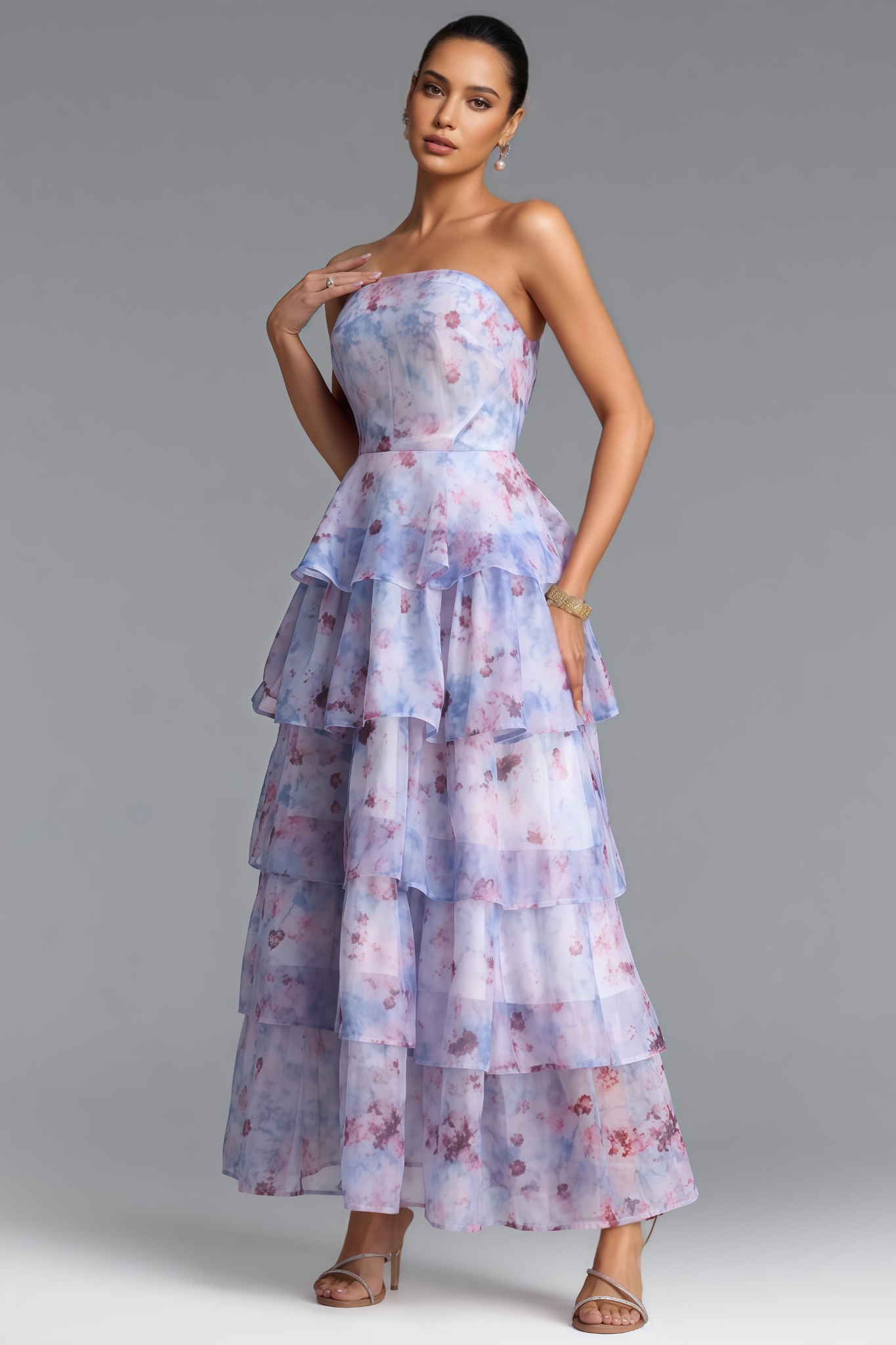 Easra Purple Strapless Floral Ruffle Maxi Dress