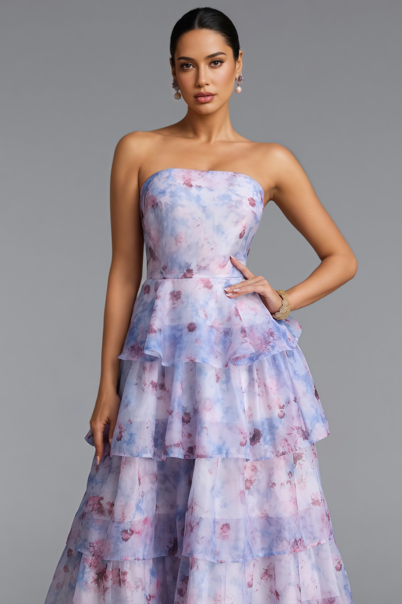 Easra Purple Strapless Floral Ruffle Maxi Dress