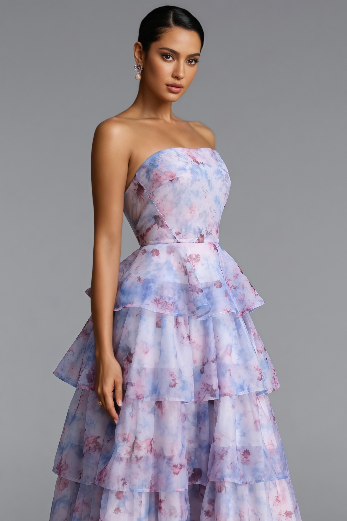 Easra Purple Strapless Floral Ruffle Maxi Dress