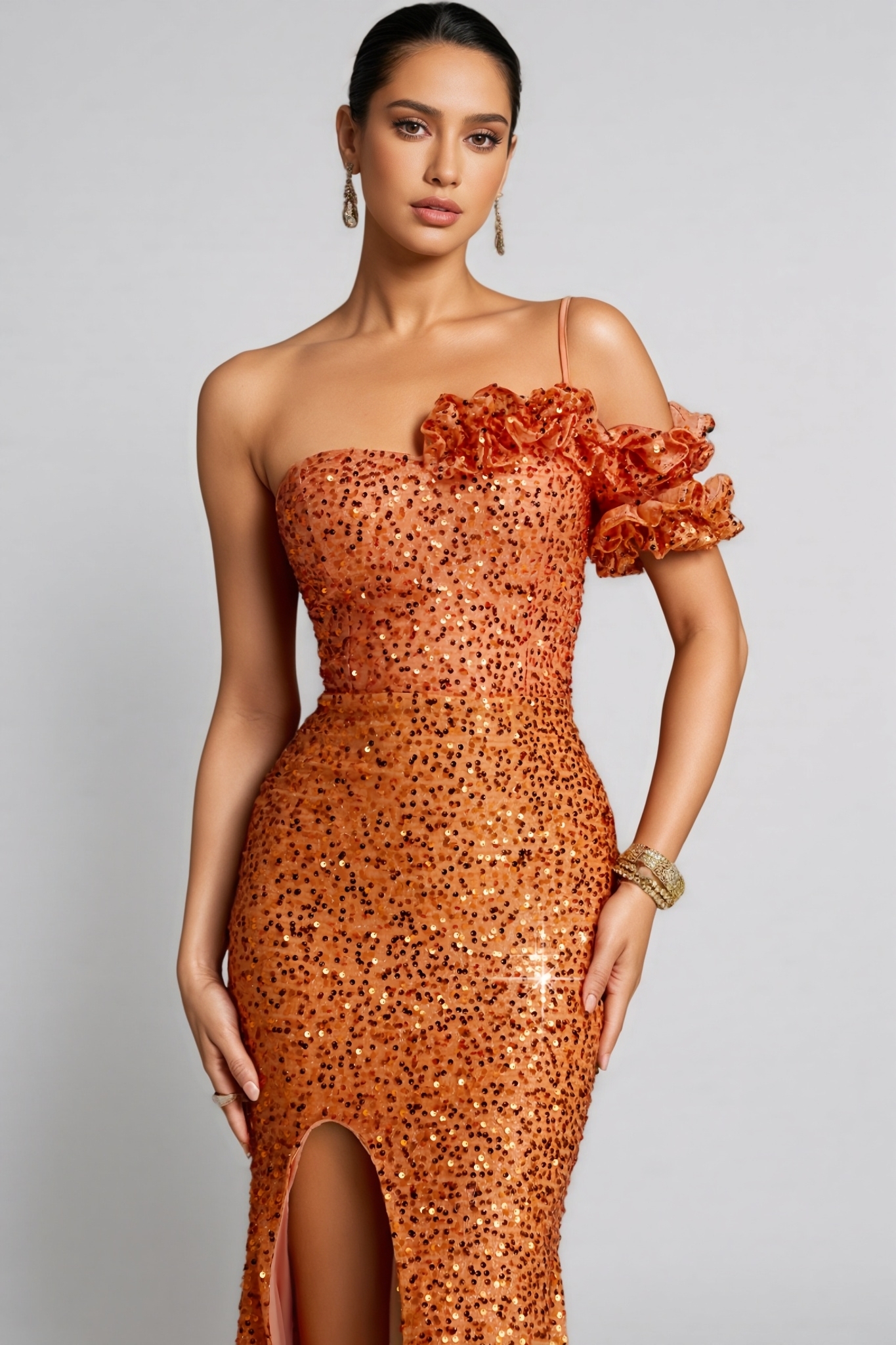Airon Orange One Soulder Sequin Maxi Dress