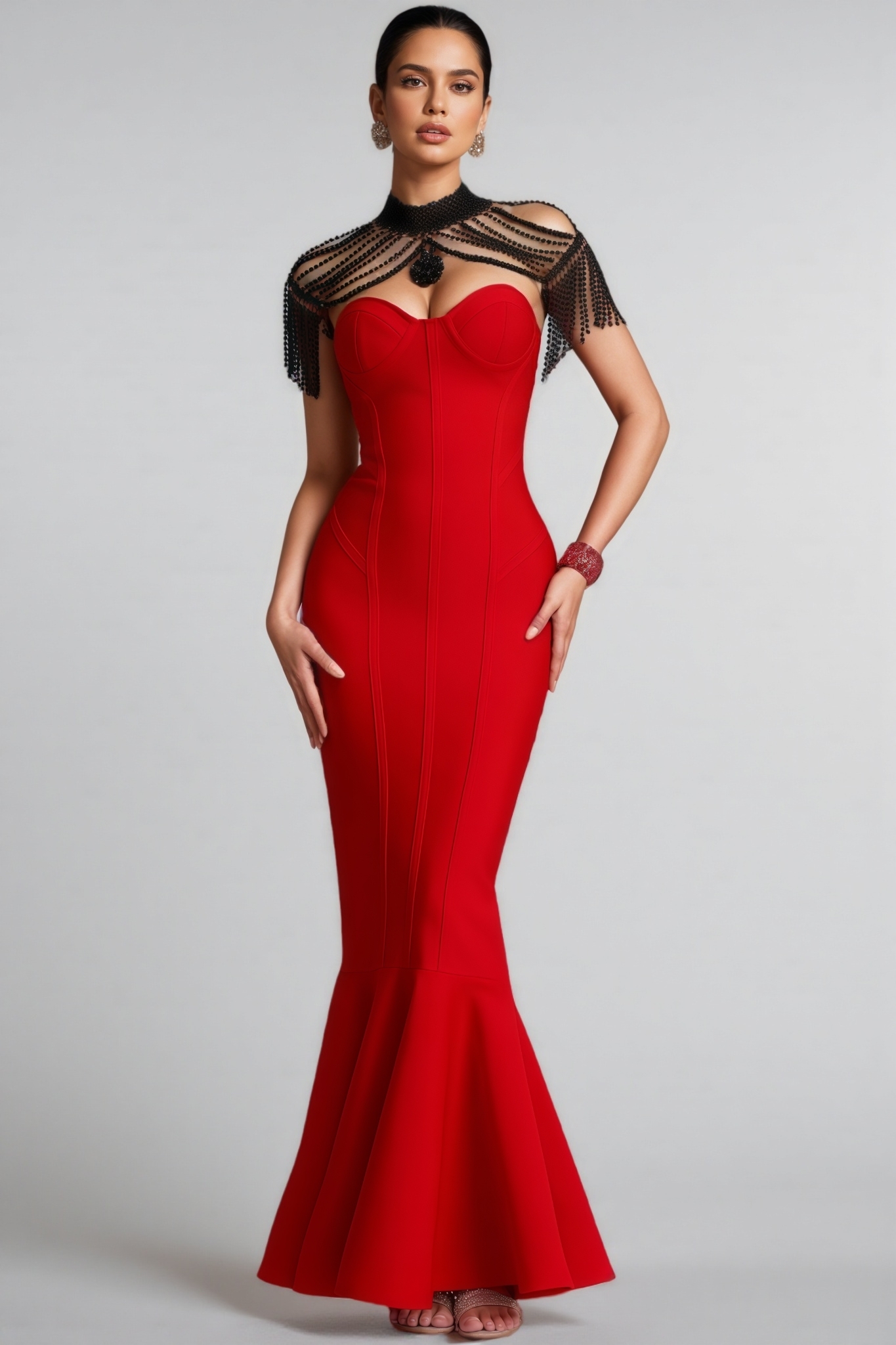 Krial Red Strapless Fringe Bandage Maxi Dress