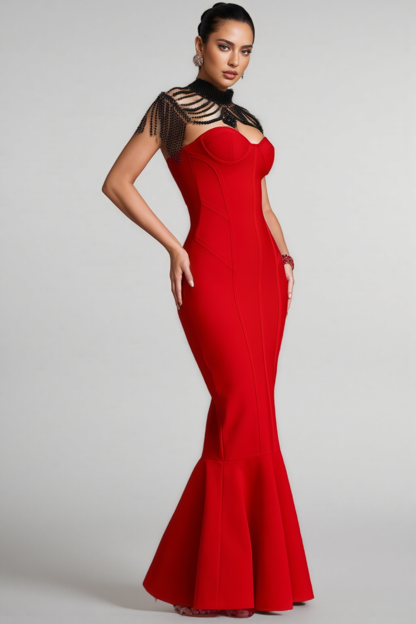Krial Red Strapless Fringe Bandage Maxi Dress