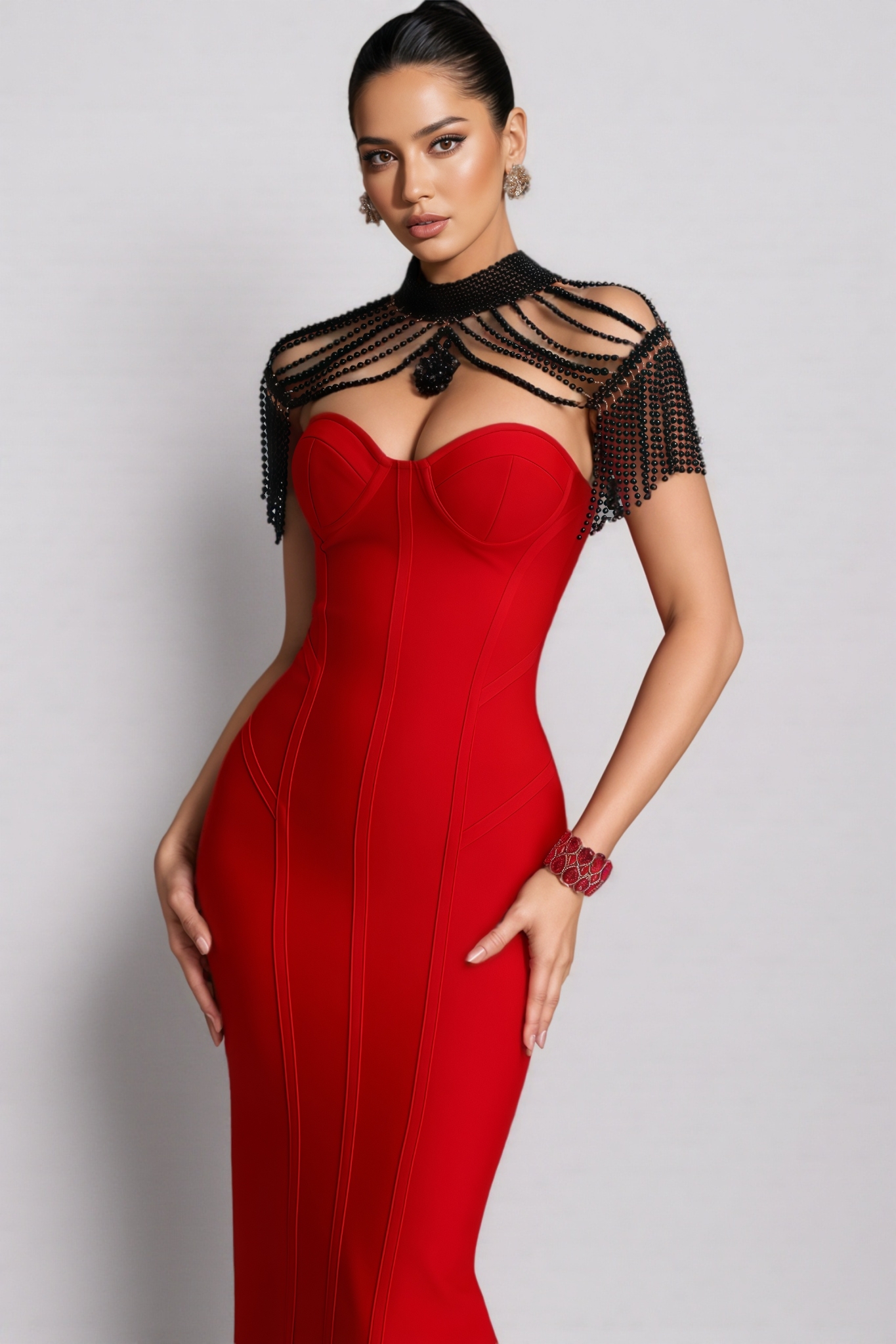 Krial Red Strapless Fringe Bandage Maxi Dress