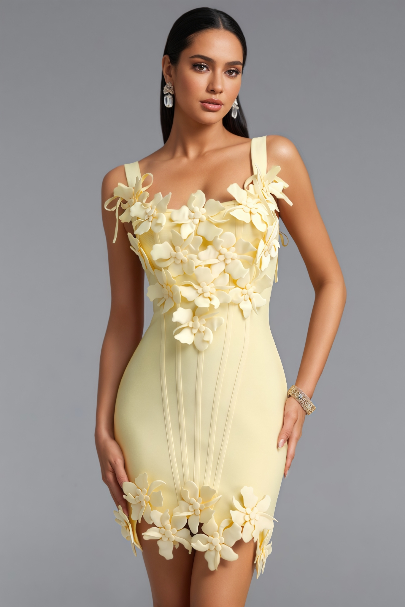 Bharlotte Yellow 3D Floral Bandage Mini Dress