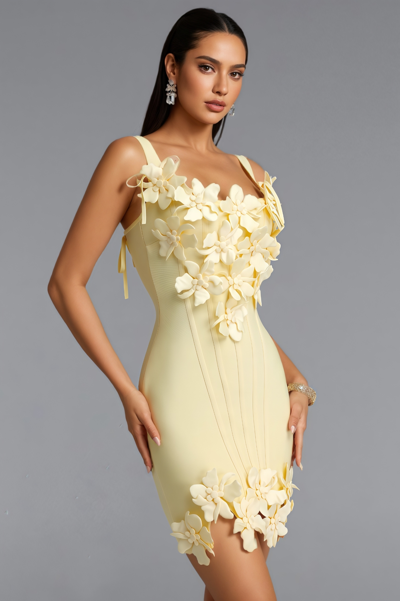 Bharlotte Yellow 3D Floral Bandage Mini Dress