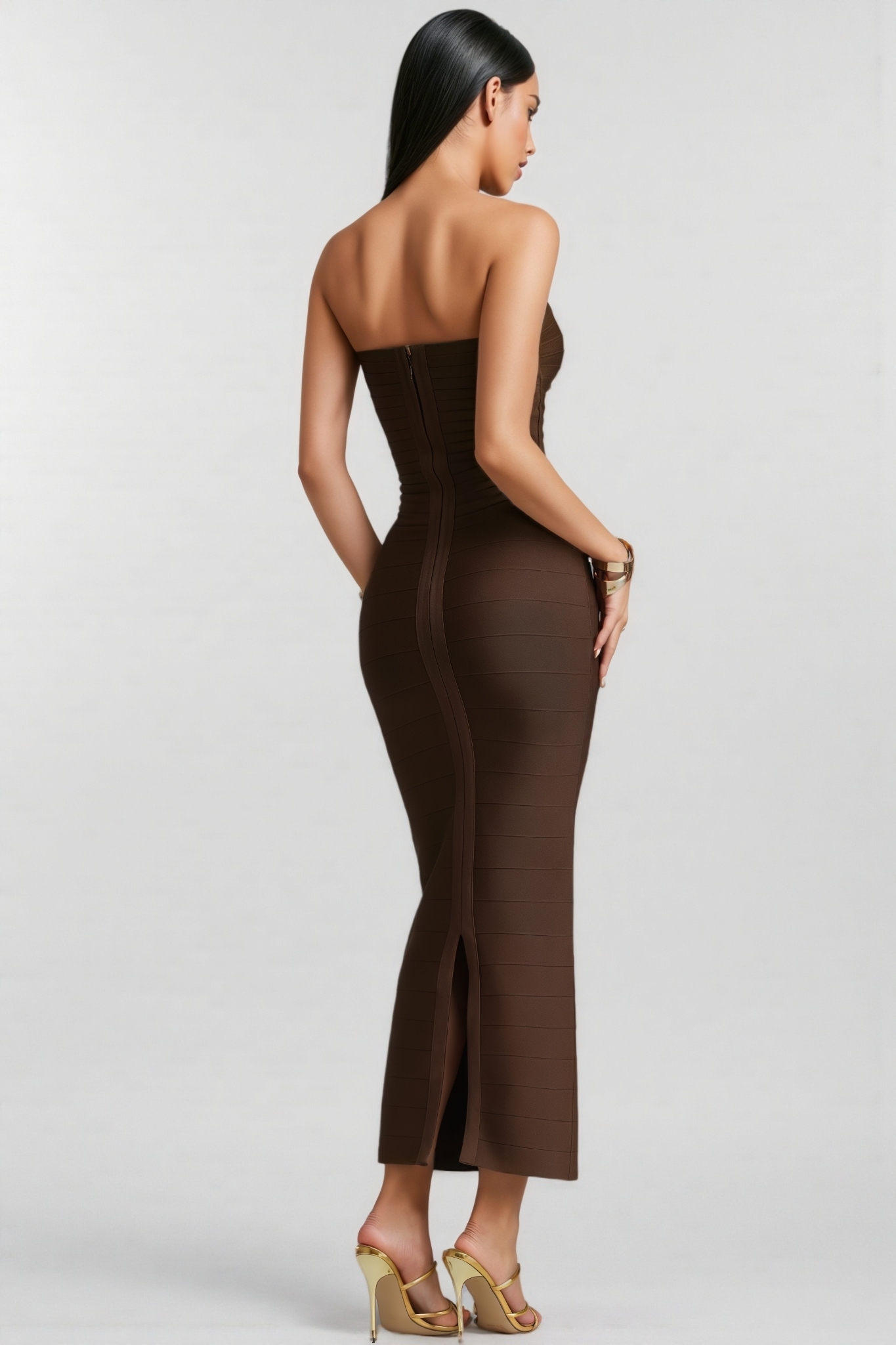 Avelyn Brown Strapless Bandage Maxi Dress