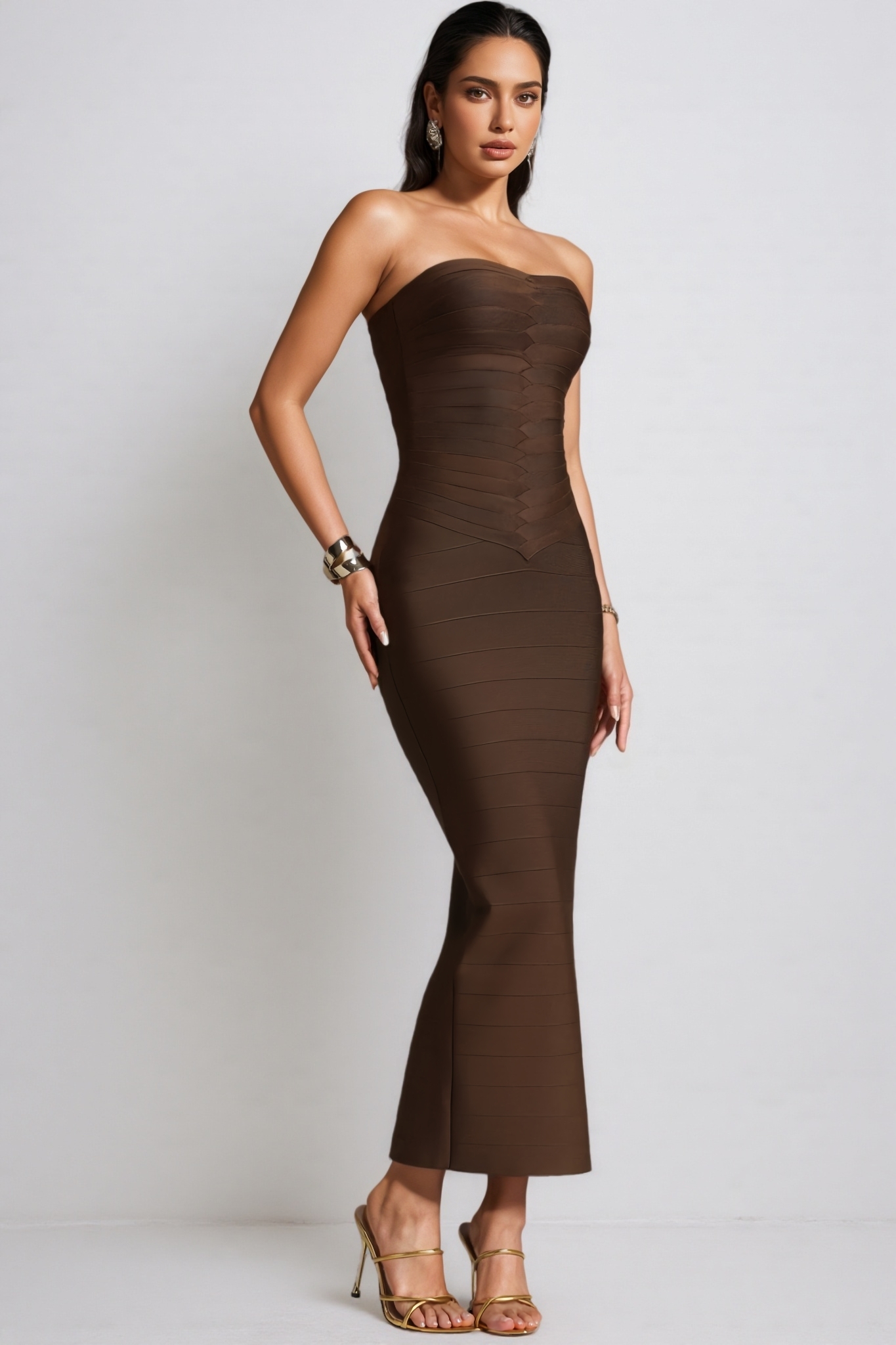 Avelyn Brown Strapless Bandage Maxi Dress