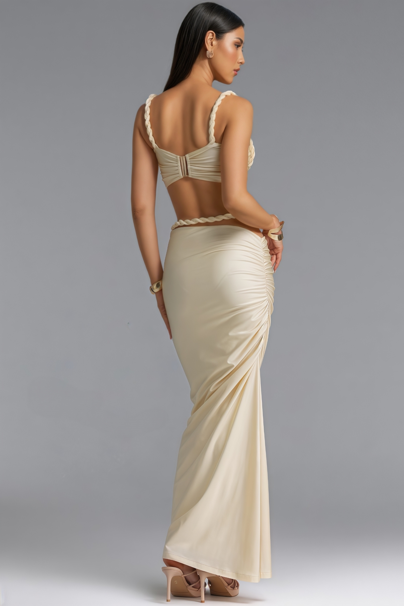 Gcarlett Beige Halter Neck Ruched Maxi Dress Set