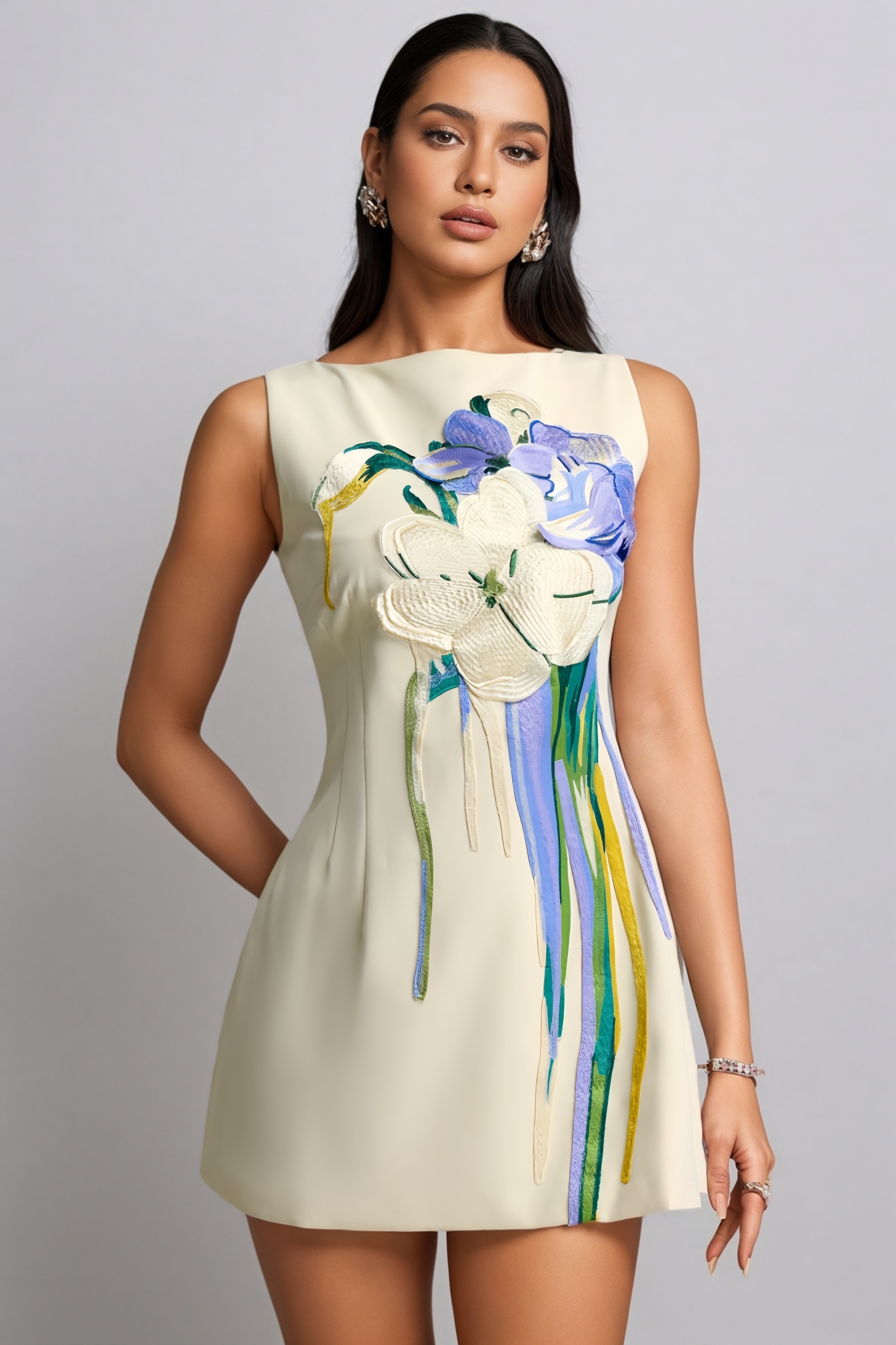 Nucas Beige Sleeveless Embroidery Mini Dress