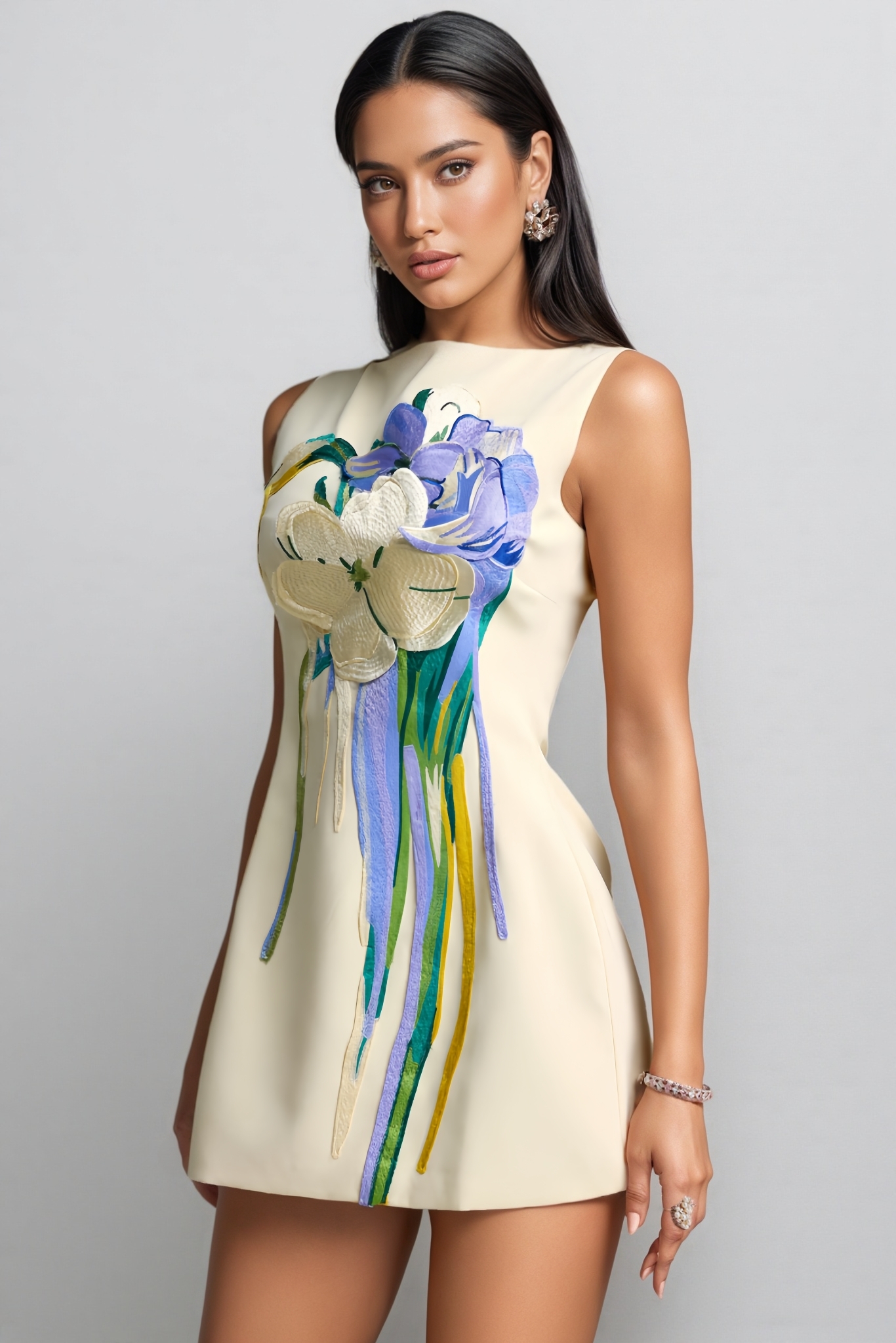 Nucas Beige Sleeveless Embroidery Mini Dress