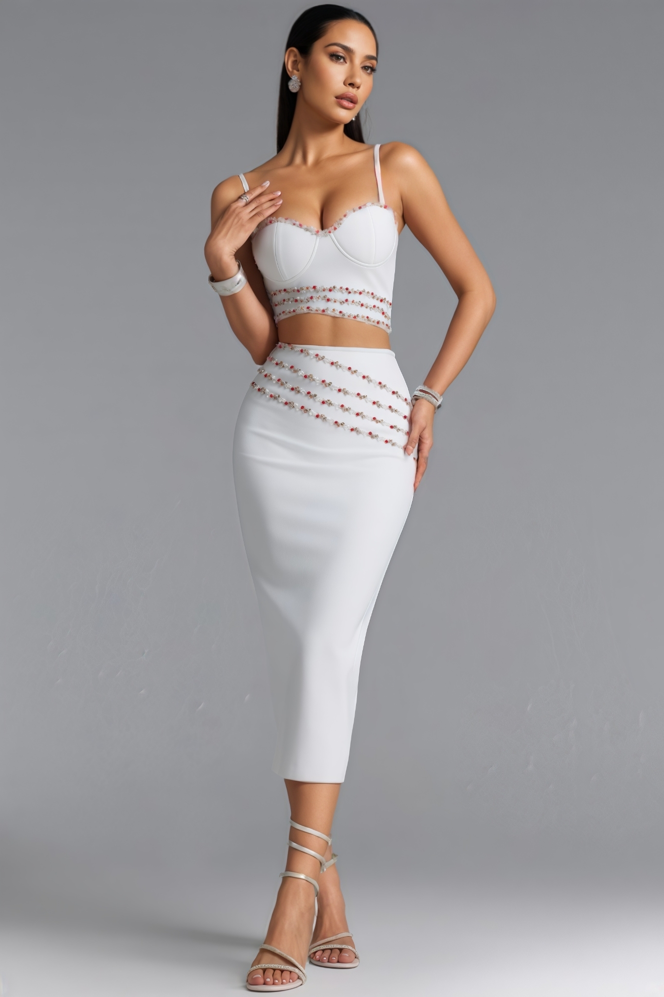 Datthew White Rhinestone Bandage Maxi Dress Set
