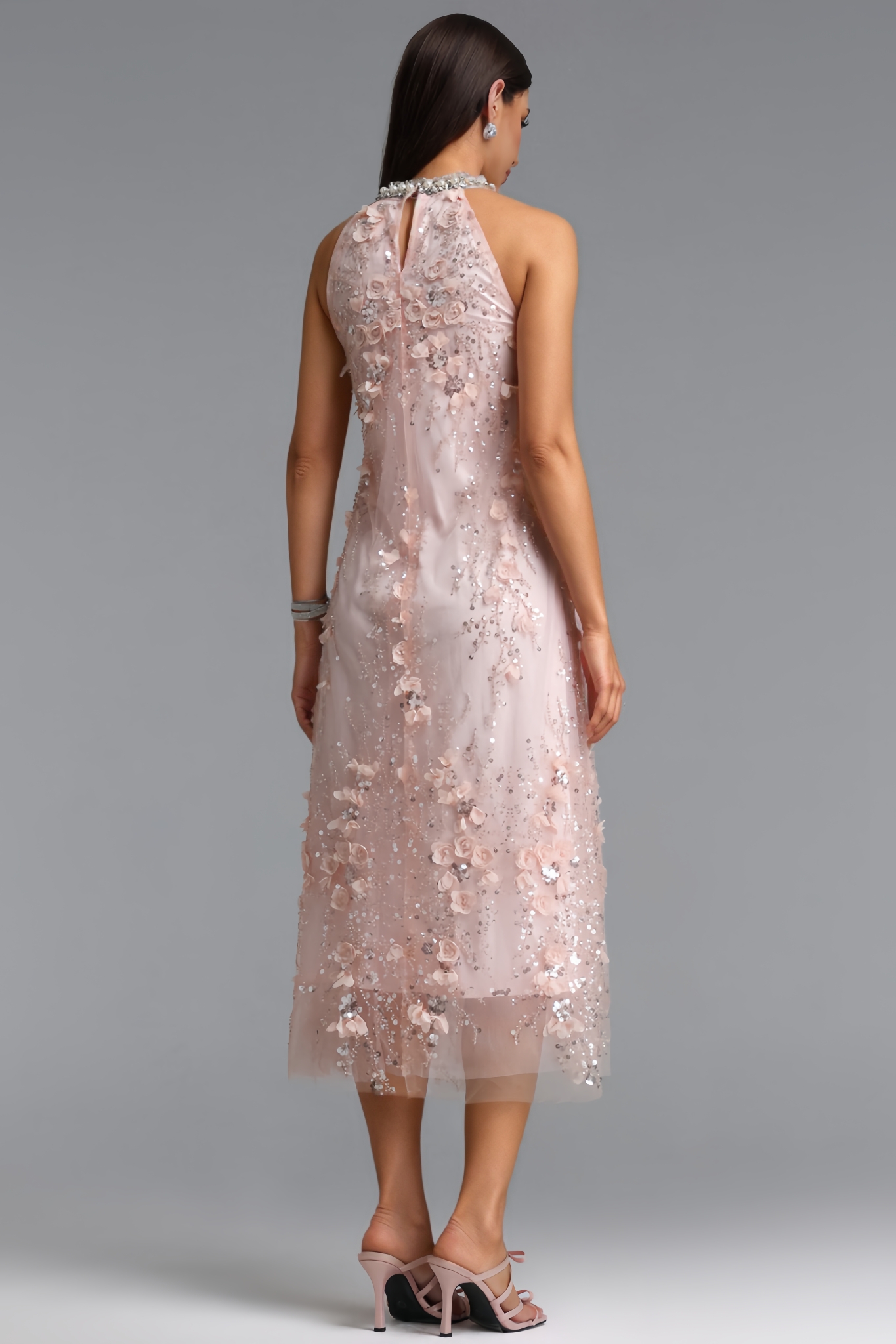 Morlan Halter Neck Floral Sequin Maxi Dress