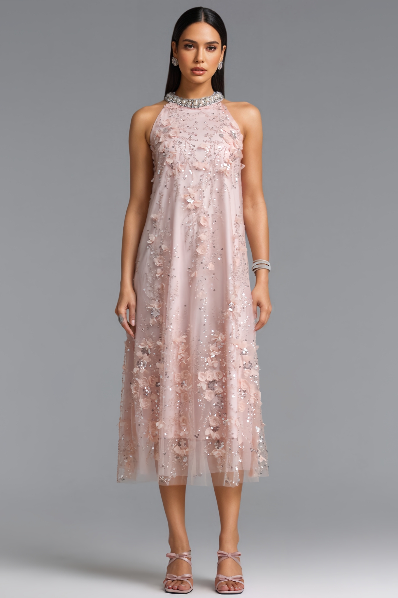 Morlan Halter Neck Floral Sequin Maxi Dress