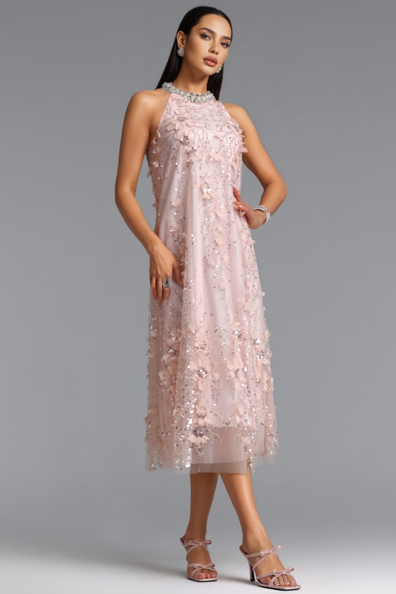 Morlan Halter Neck Floral Sequin Maxi Dress