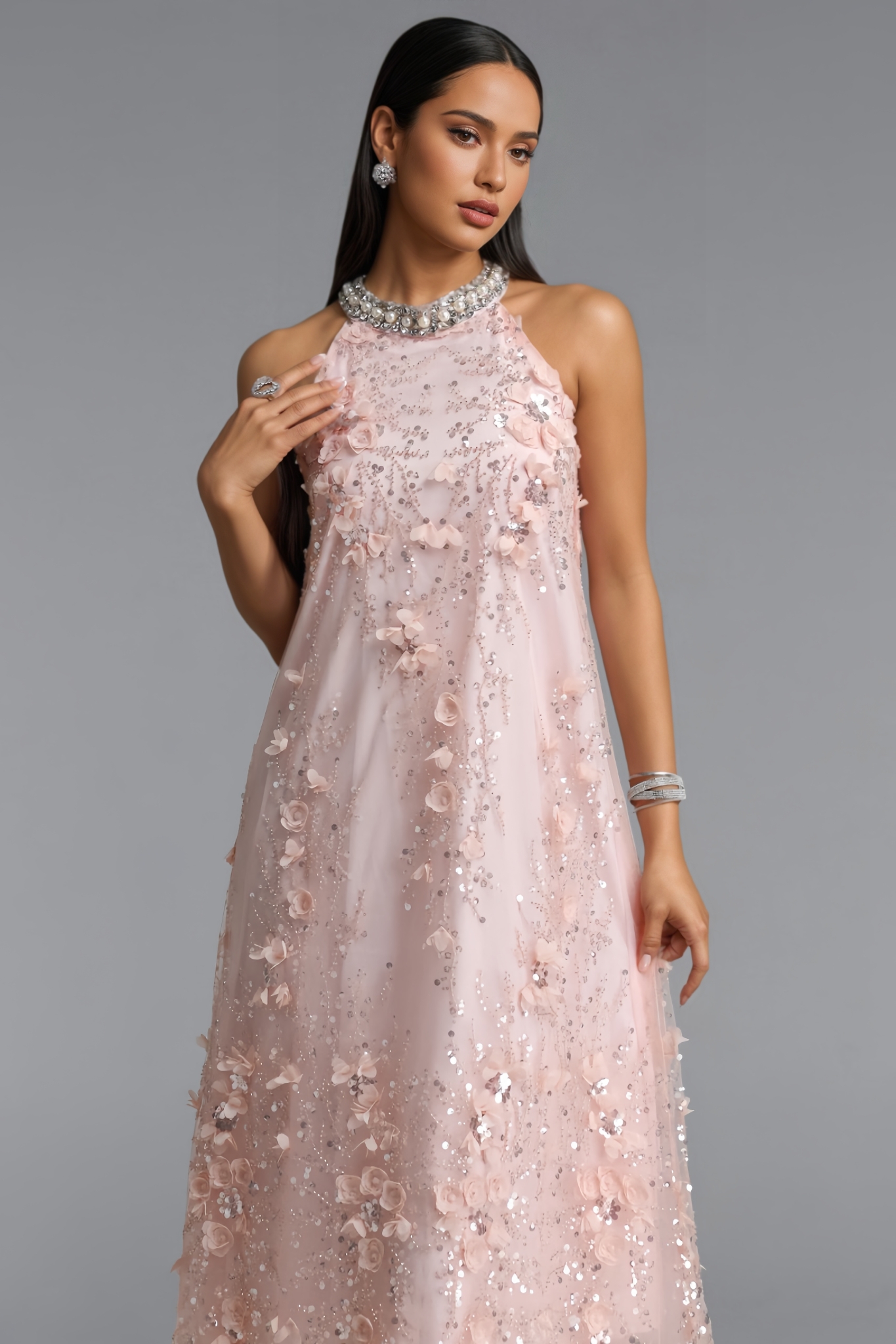 Morlan Halter Neck Floral Sequin Maxi Dress