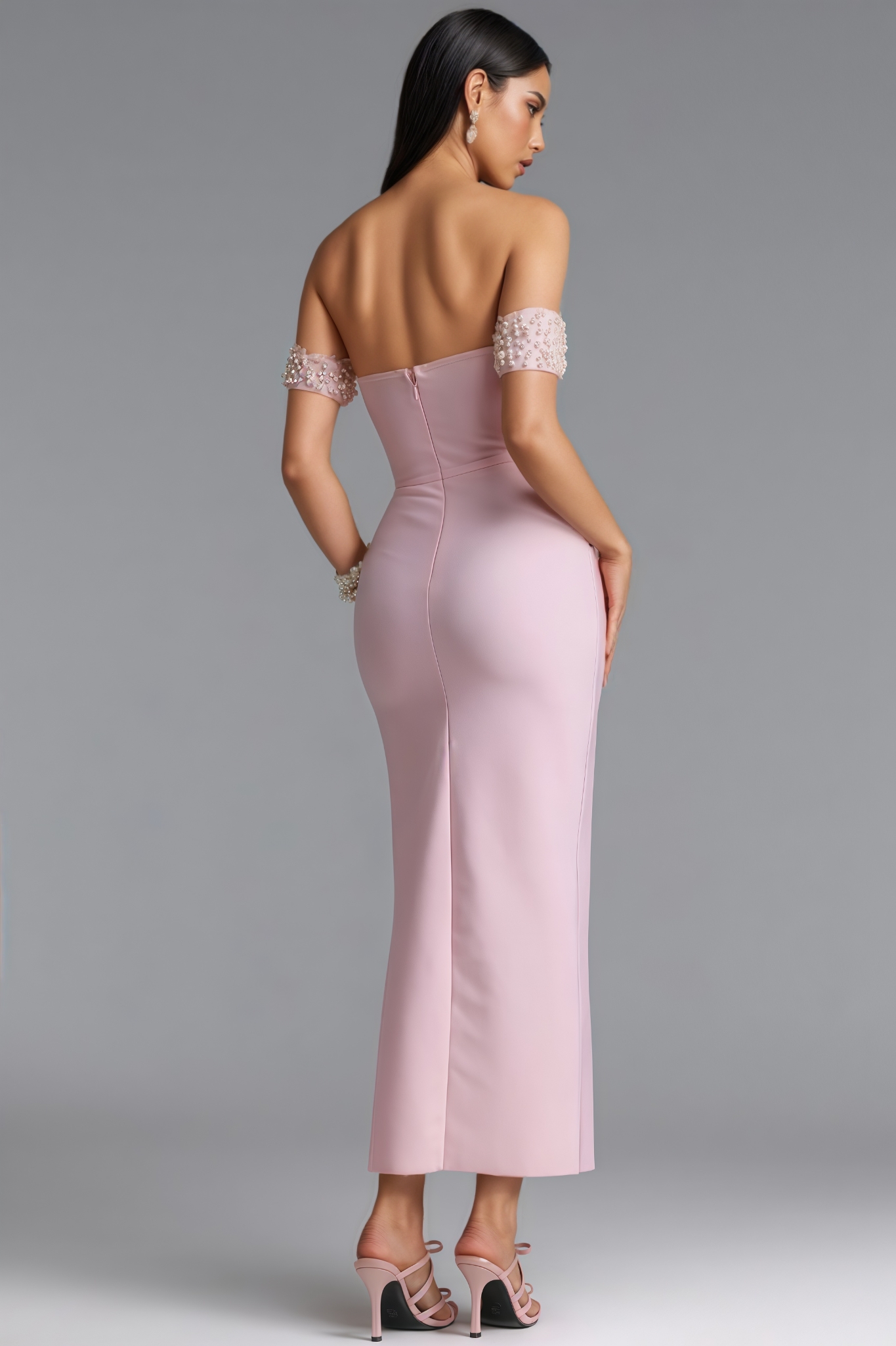 Ksabella Pink Off The Shoulder Pearl Maxi Dress