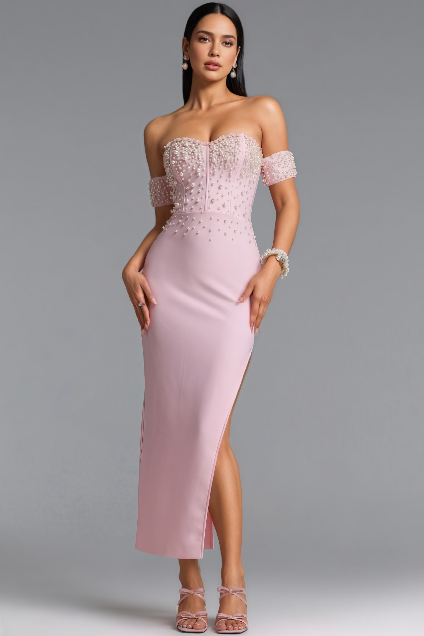 Ksabella Pink Off The Shoulder Pearl Maxi Dress