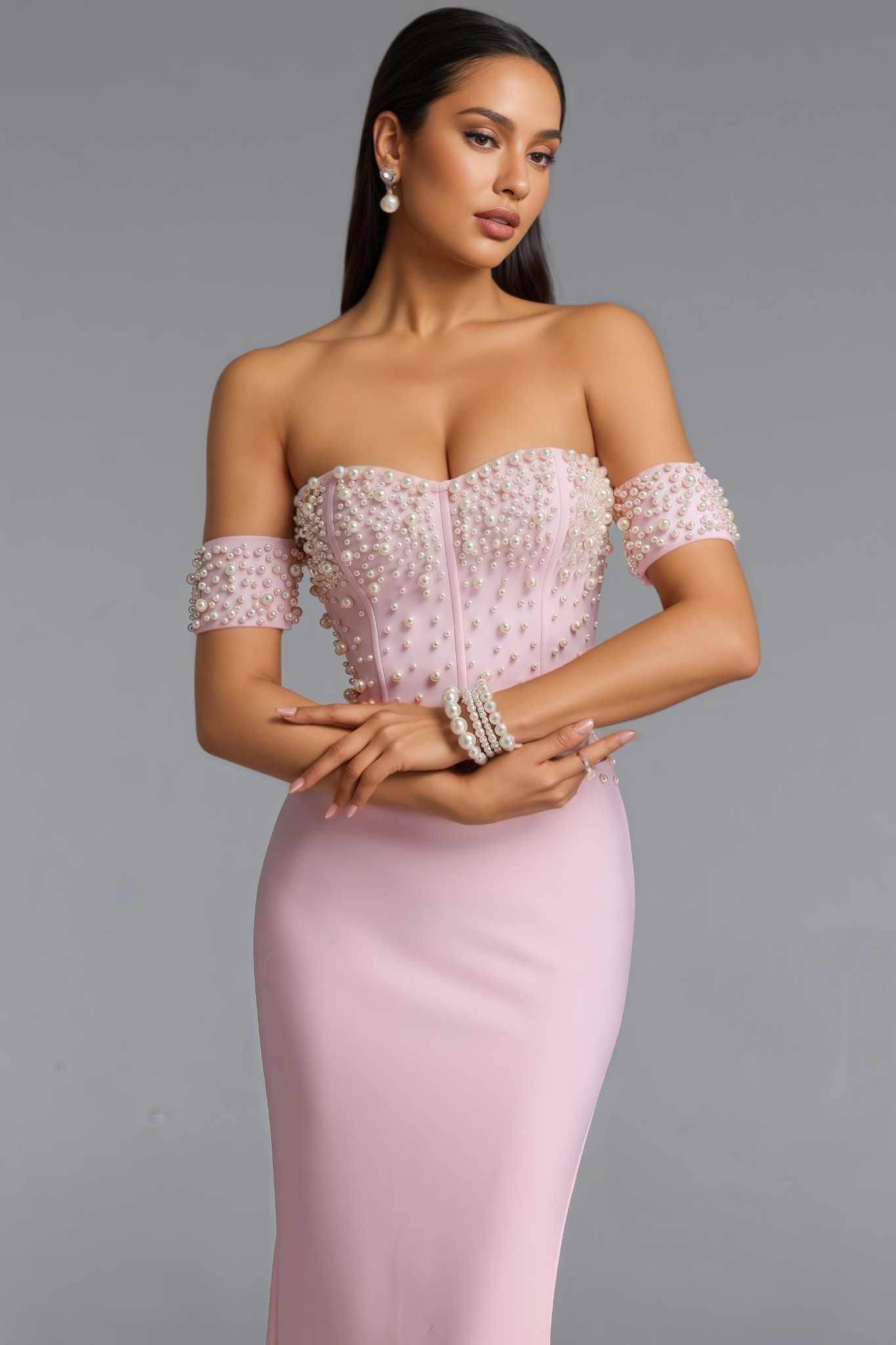 Ksabella Pink Off The Shoulder Pearl Maxi Dress