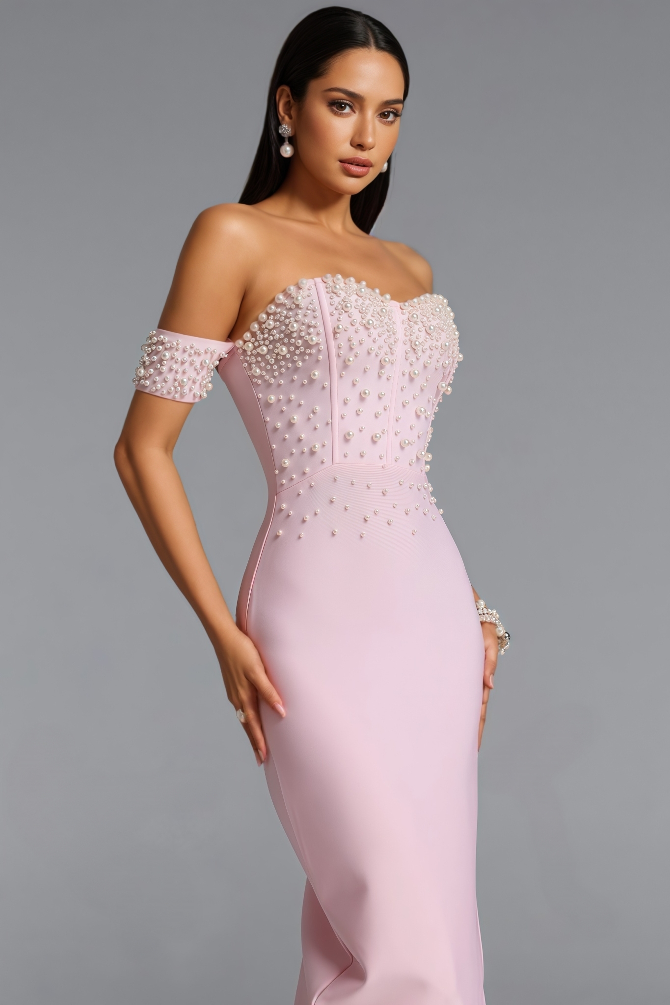 Ksabella Pink Off The Shoulder Pearl Maxi Dress