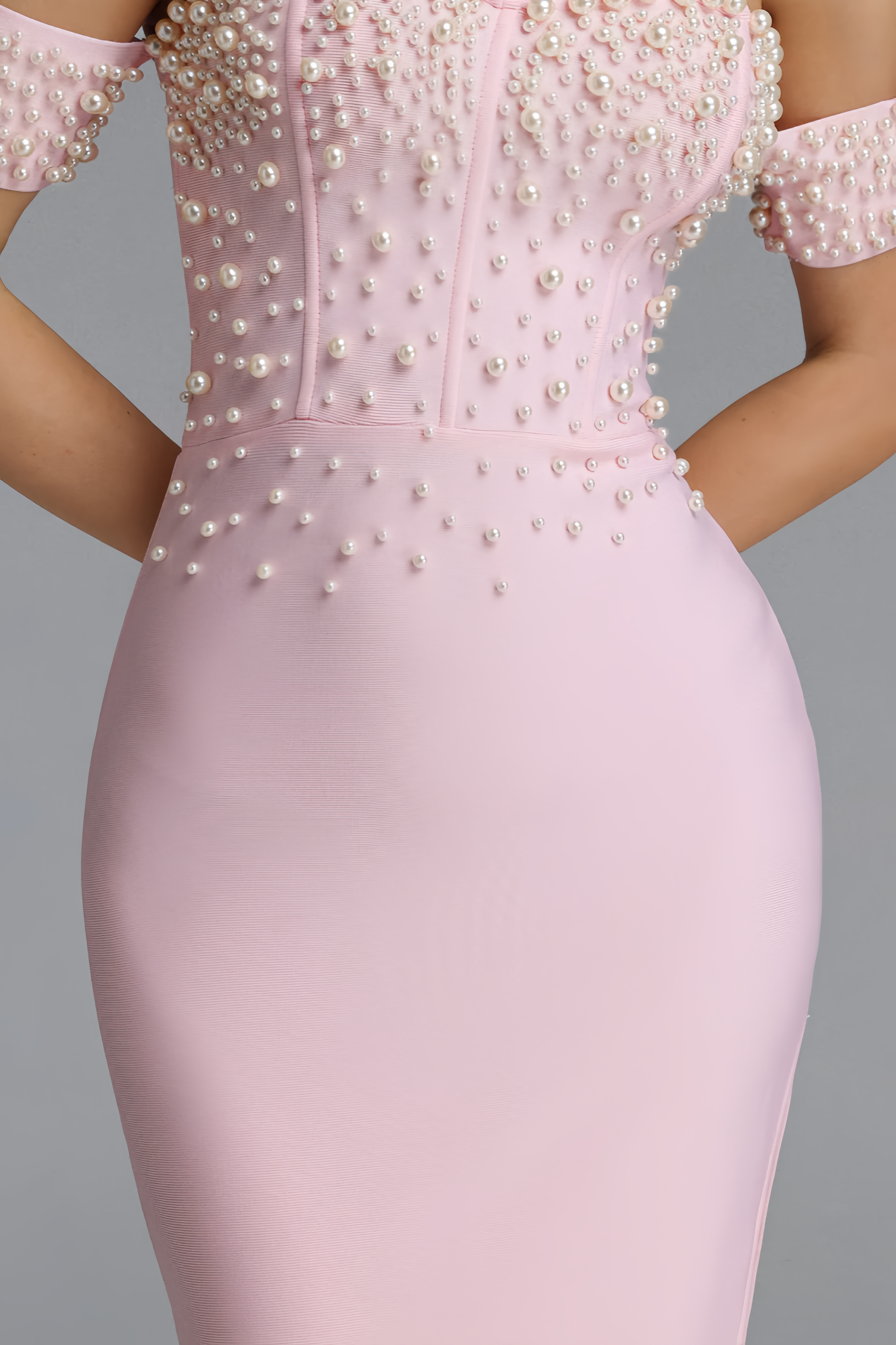 Ksabella Pink Off The Shoulder Pearl Maxi Dress