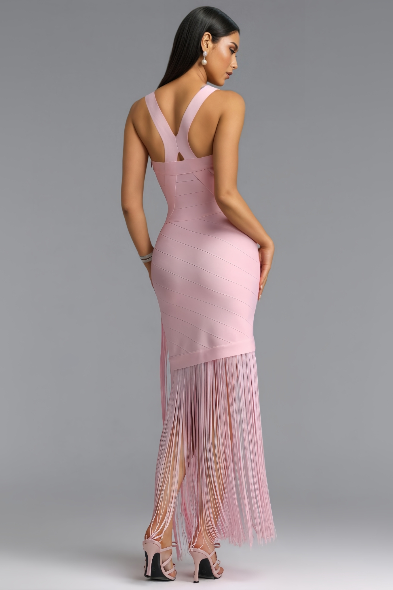 Klexander Pink Fringe Bandage Maxi Dress