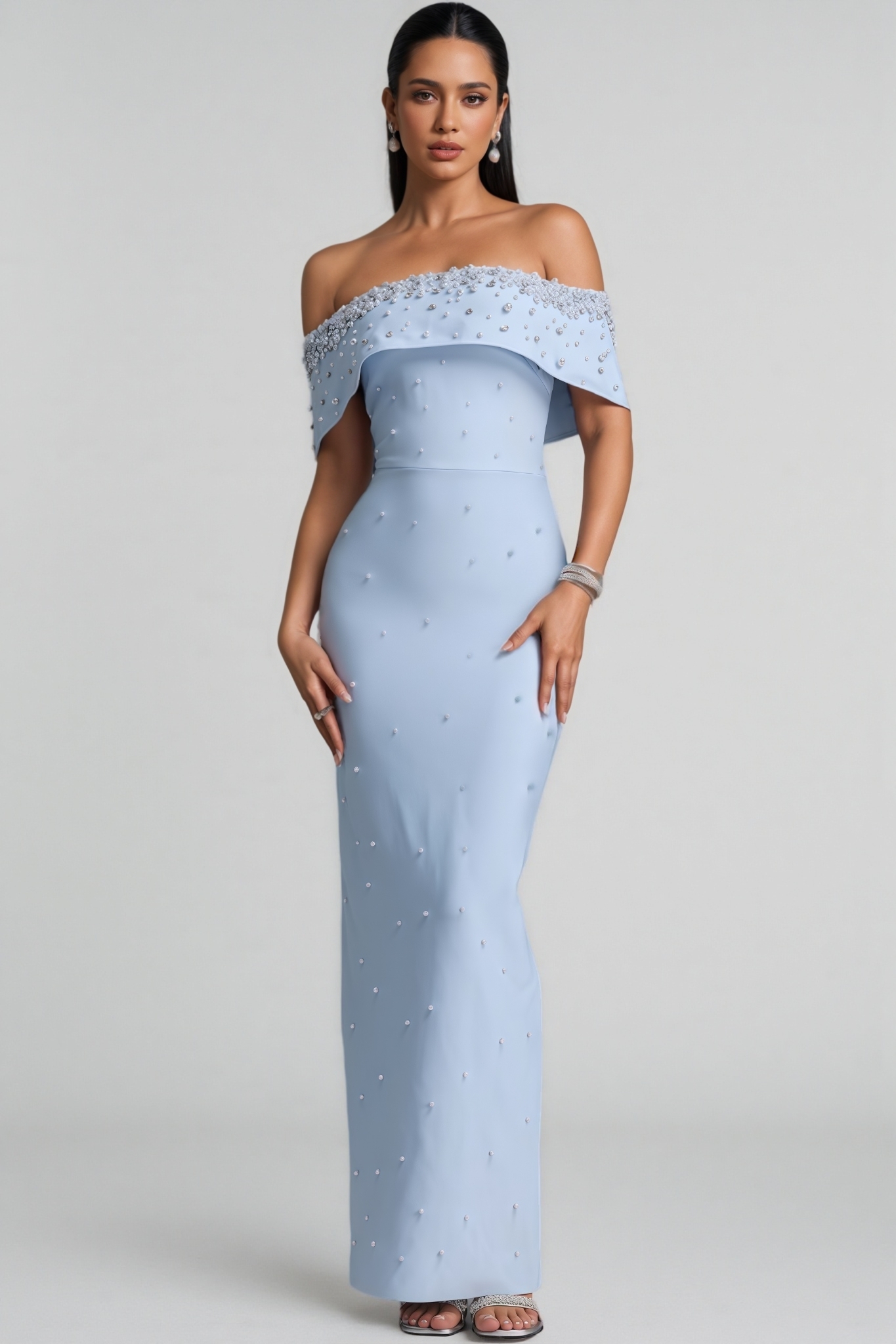 Villiam Blue Rhinestone Bandage Maxi Dress