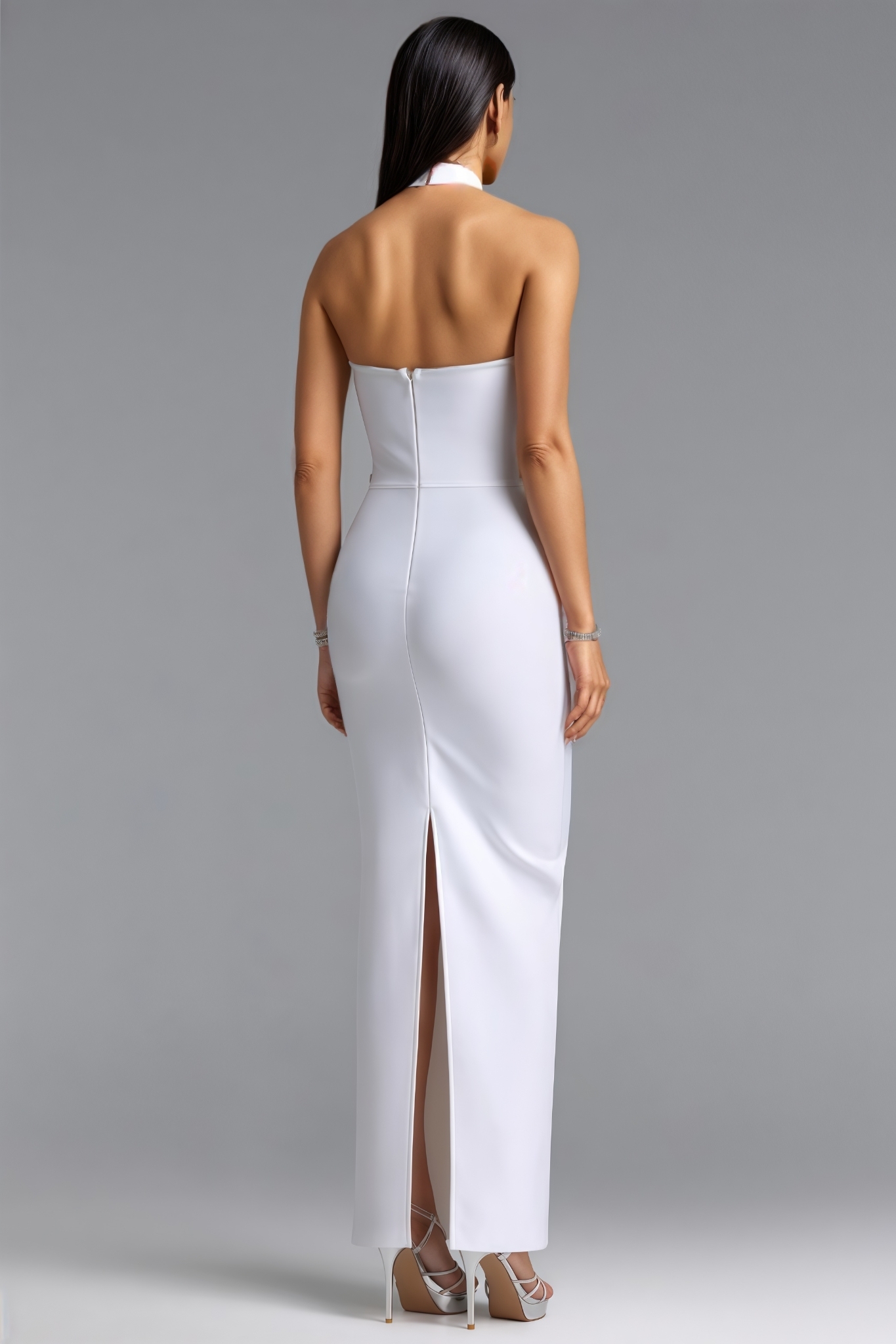 Fofia White Halter Neck Rhinestone Maxi Dress