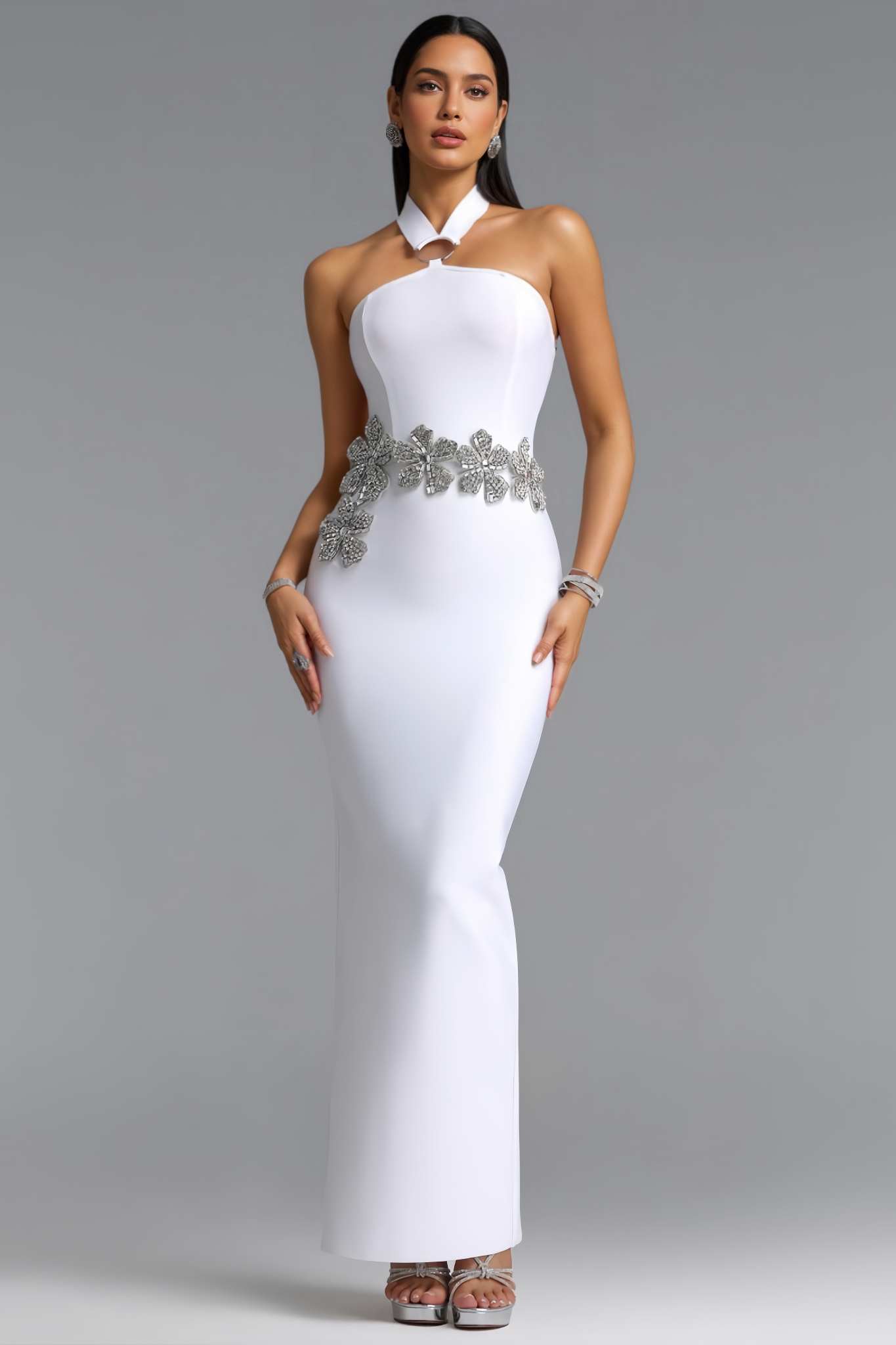 Fofia White Halter Neck Rhinestone Maxi Dress