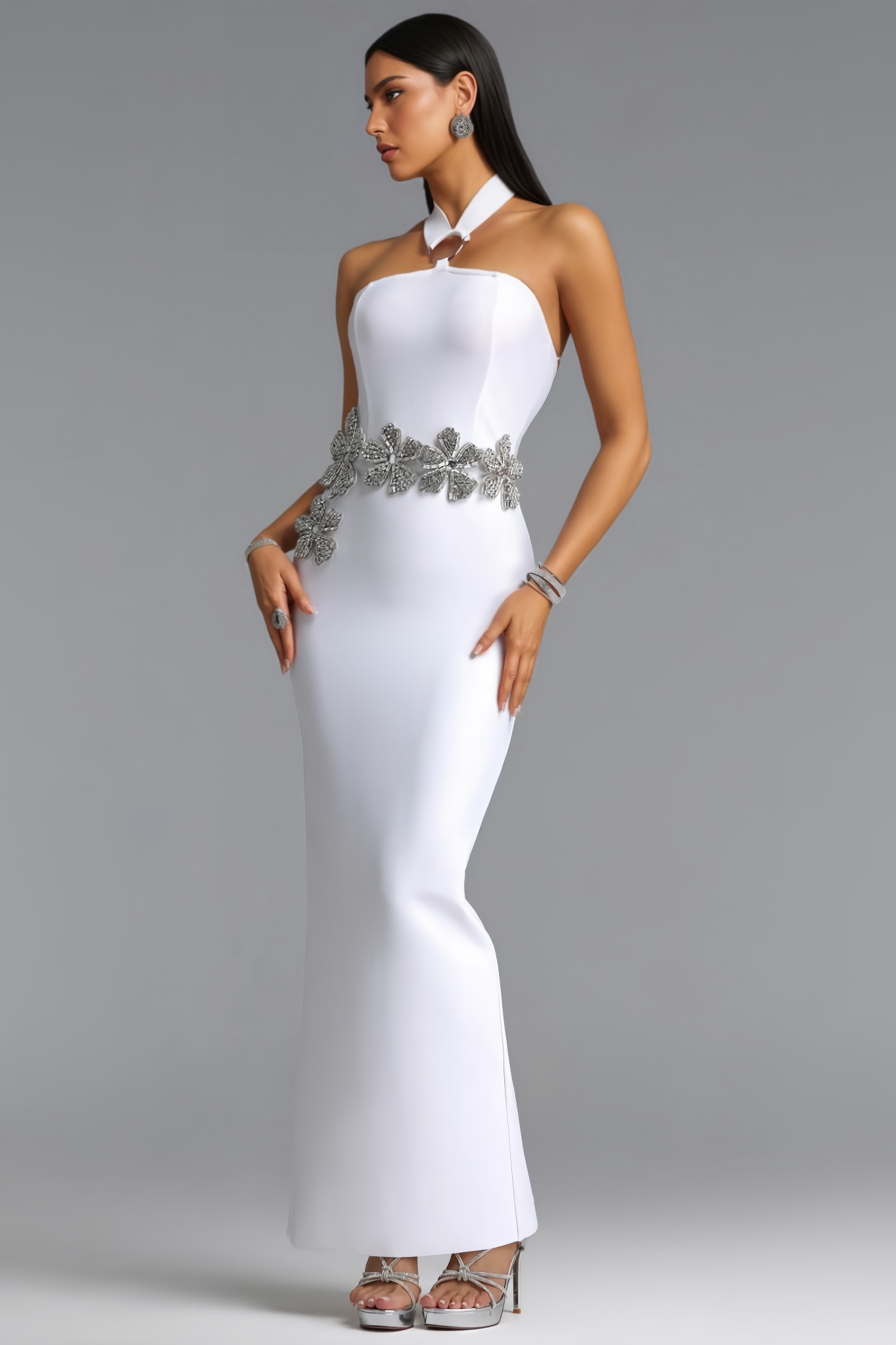 Fofia White Halter Neck Rhinestone Maxi Dress