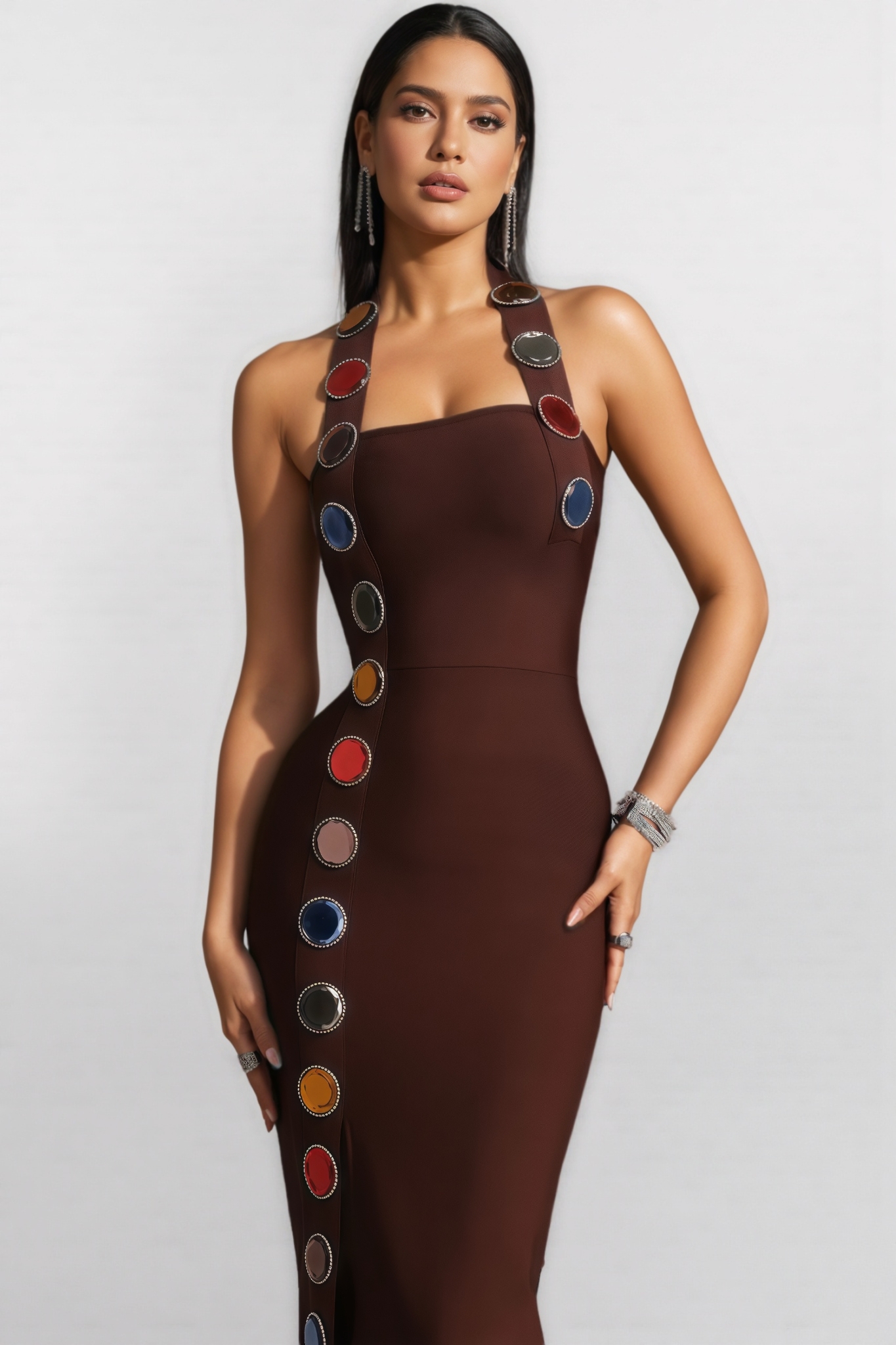 Wia Brown Halter Neck Bandage Maxi Dress