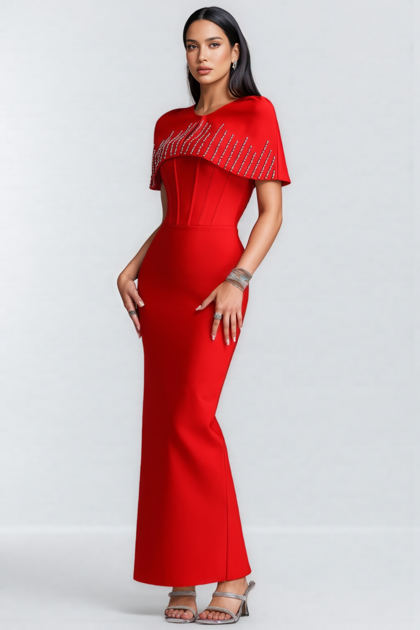 Slla Red Rhinestone Bandage Maxi Dress