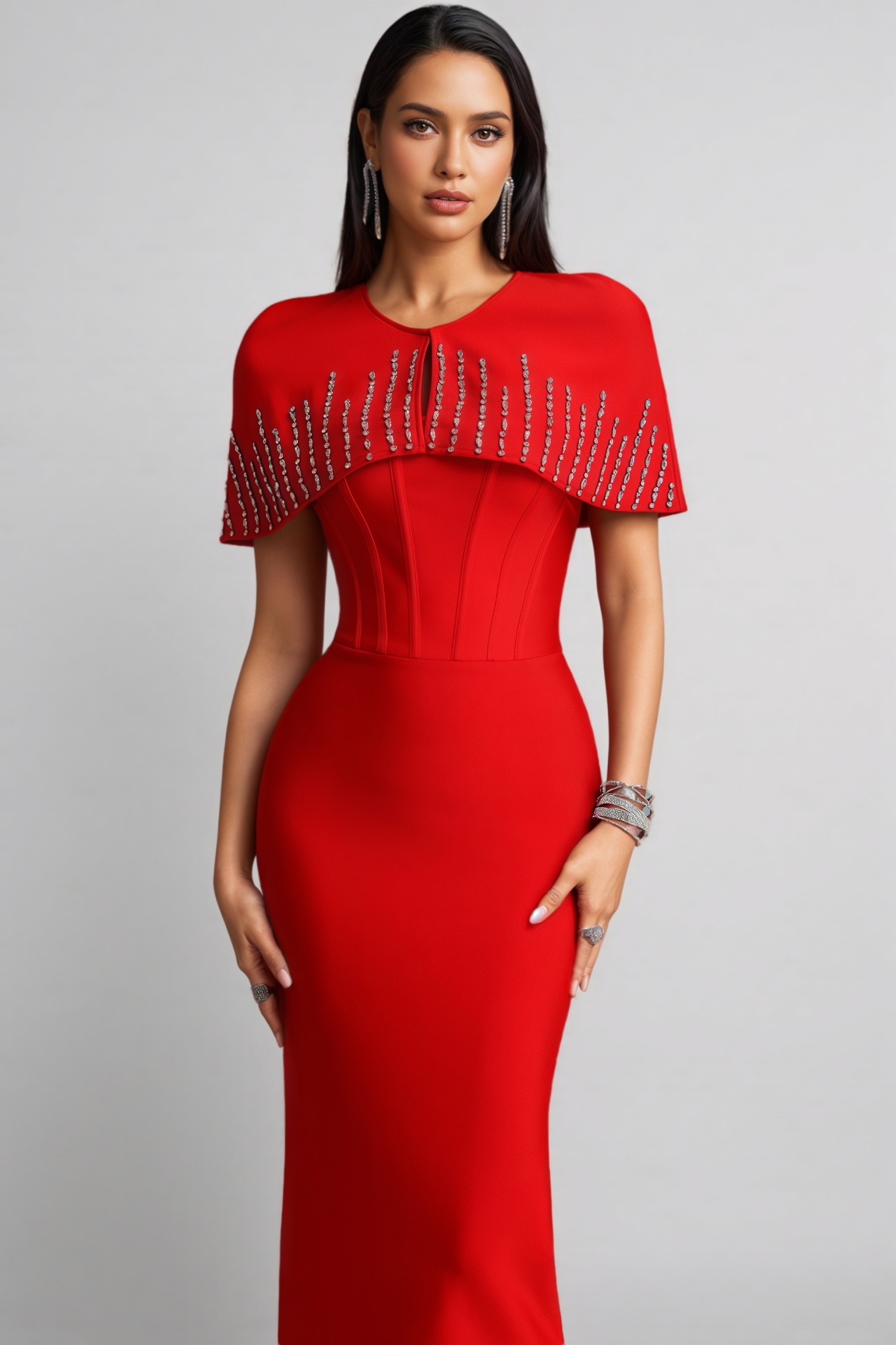 Slla Red Rhinestone Bandage Maxi Dress