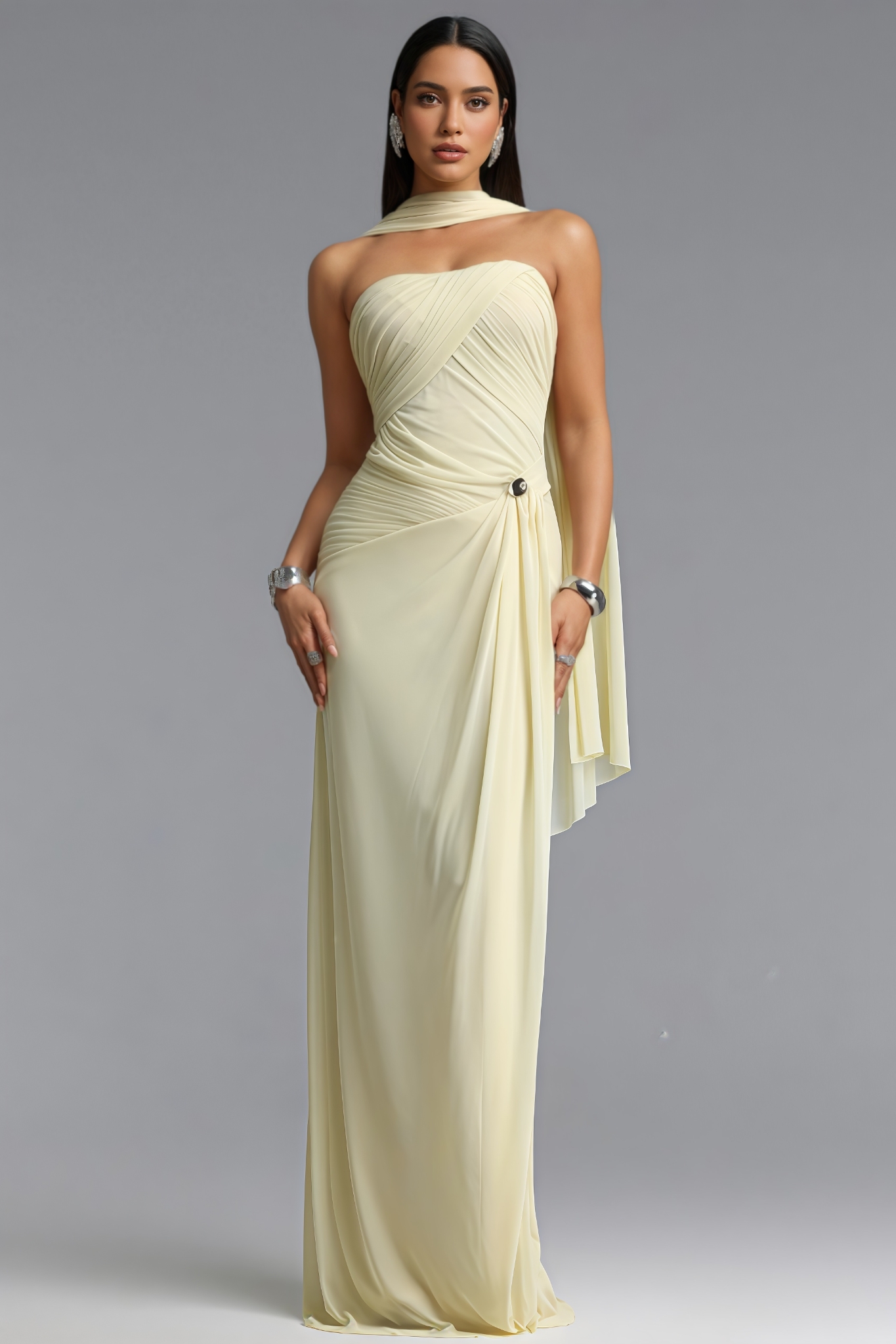 Joah Yellow Strapless Ruched Mesh Maxi Dress