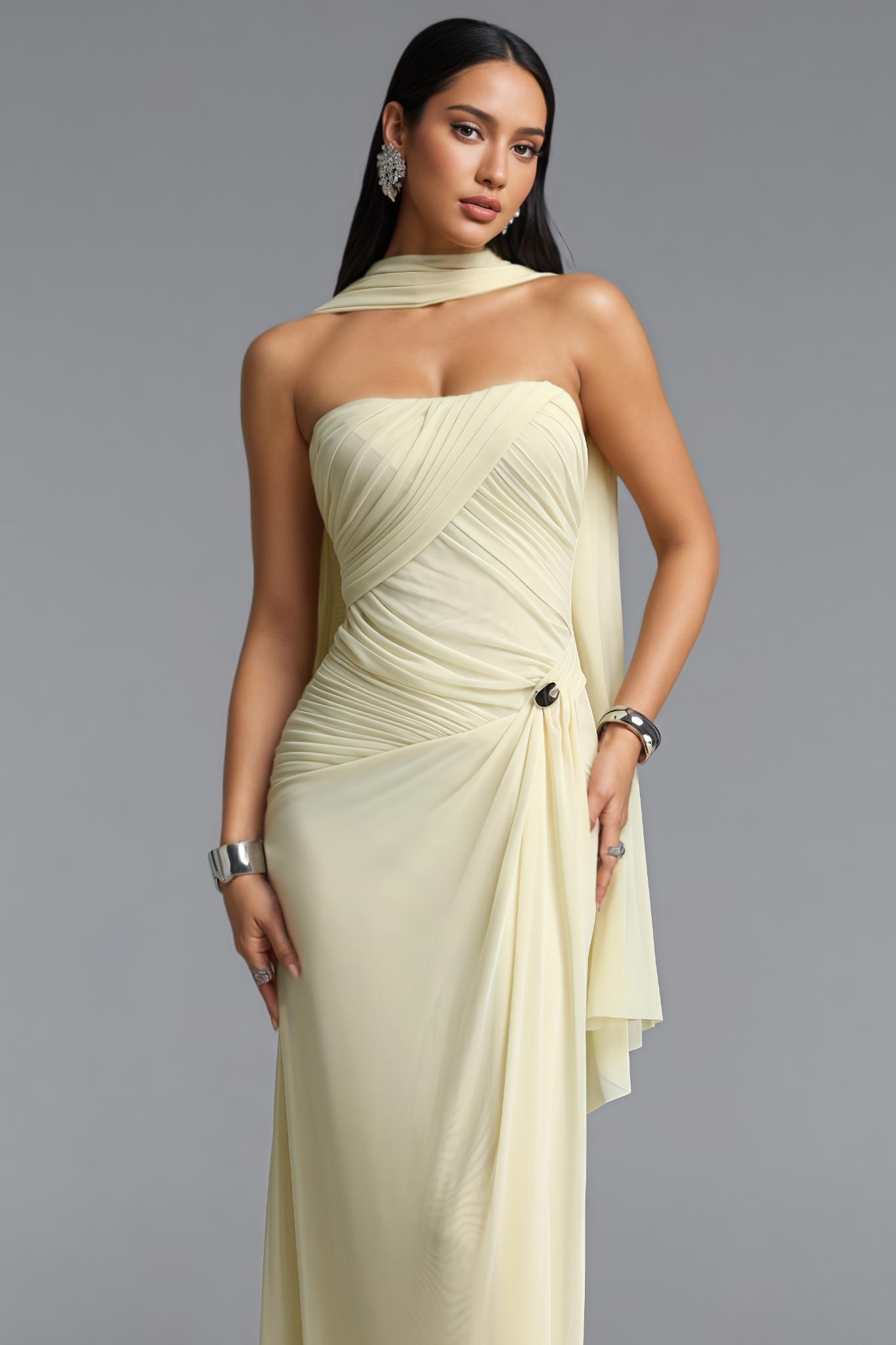 Joah Yellow Strapless Ruched Mesh Maxi Dress