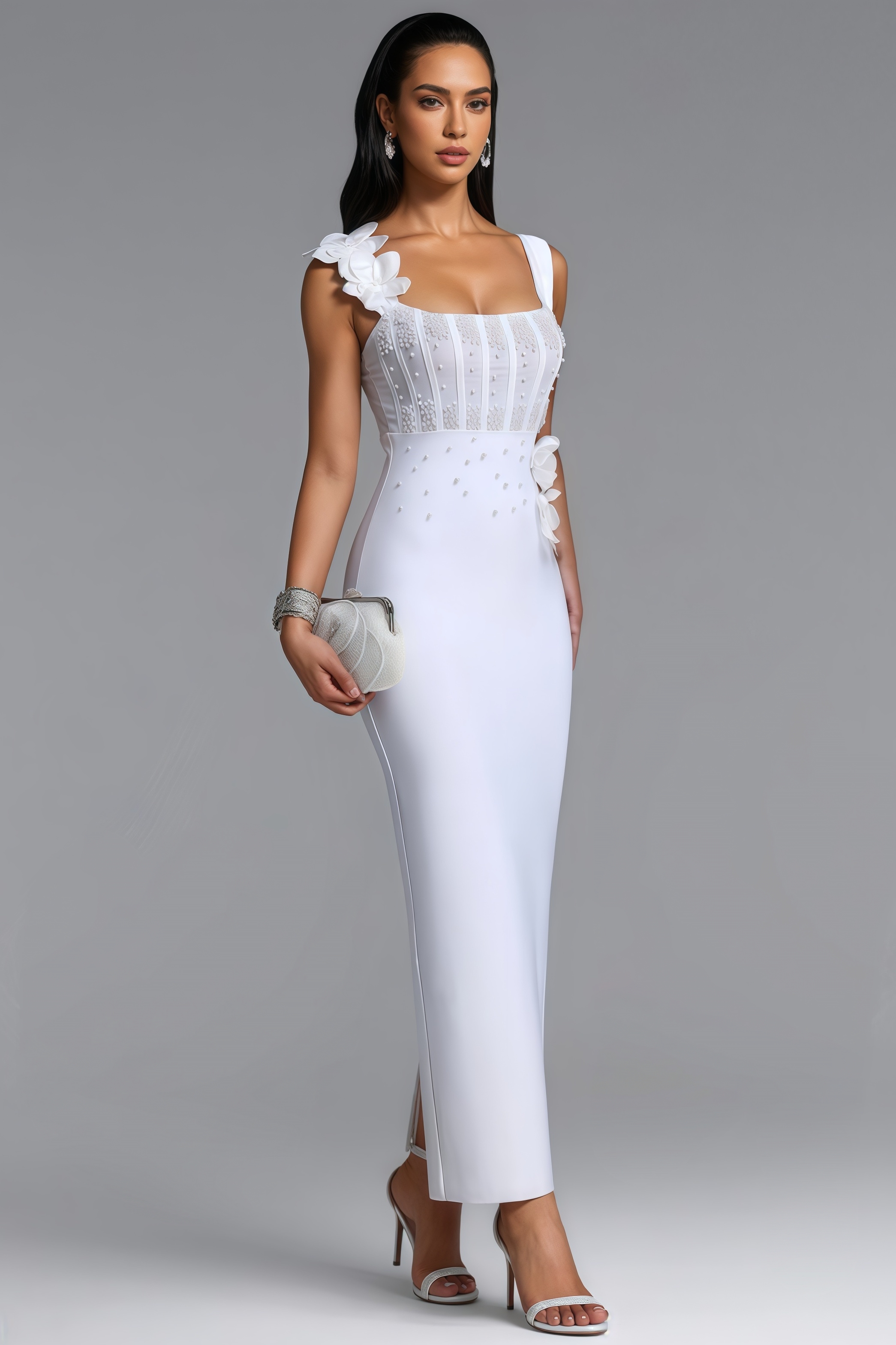 Veremiah White Pearl Bandage Maxi Dress