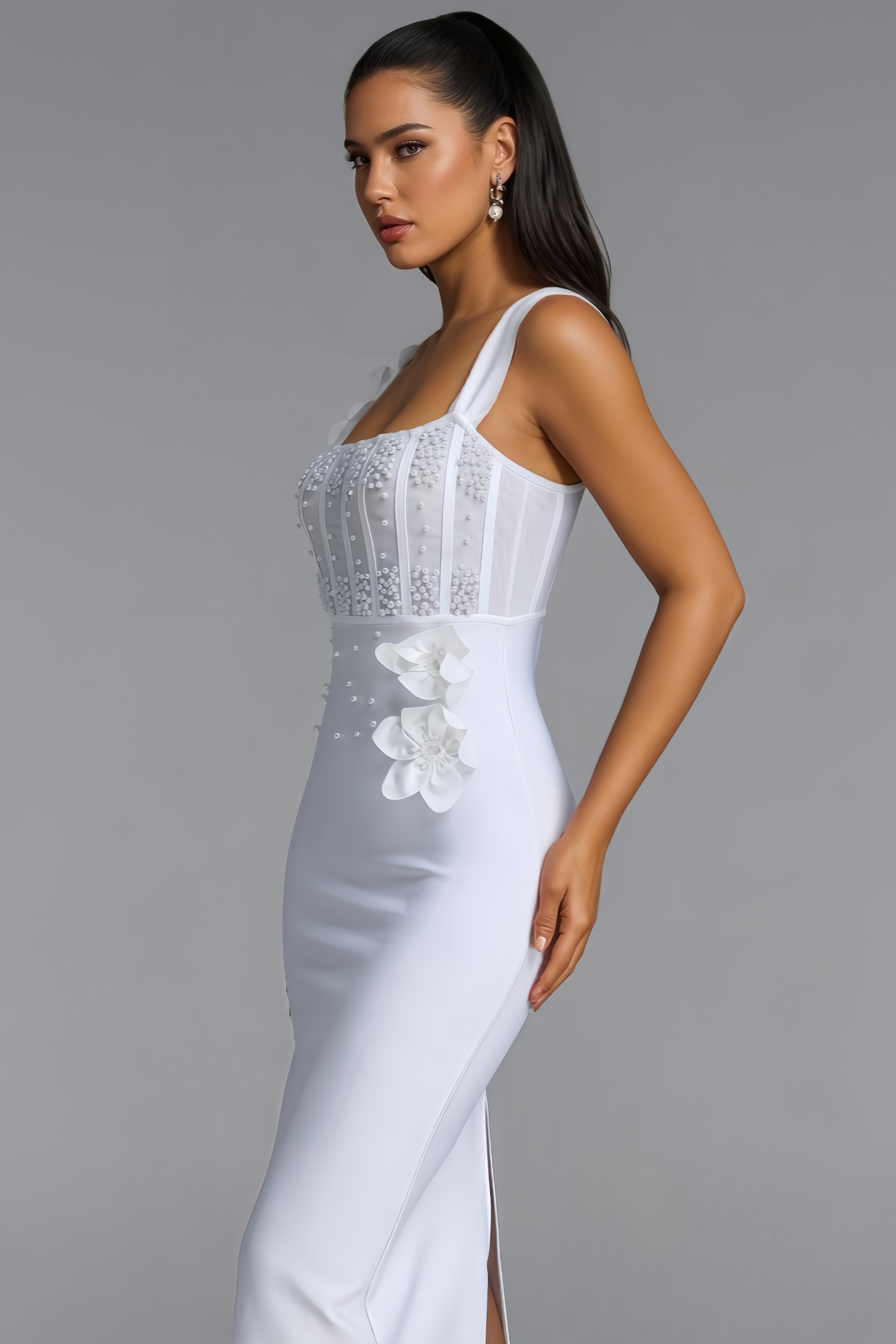 Veremiah White Pearl Bandage Maxi Dress
