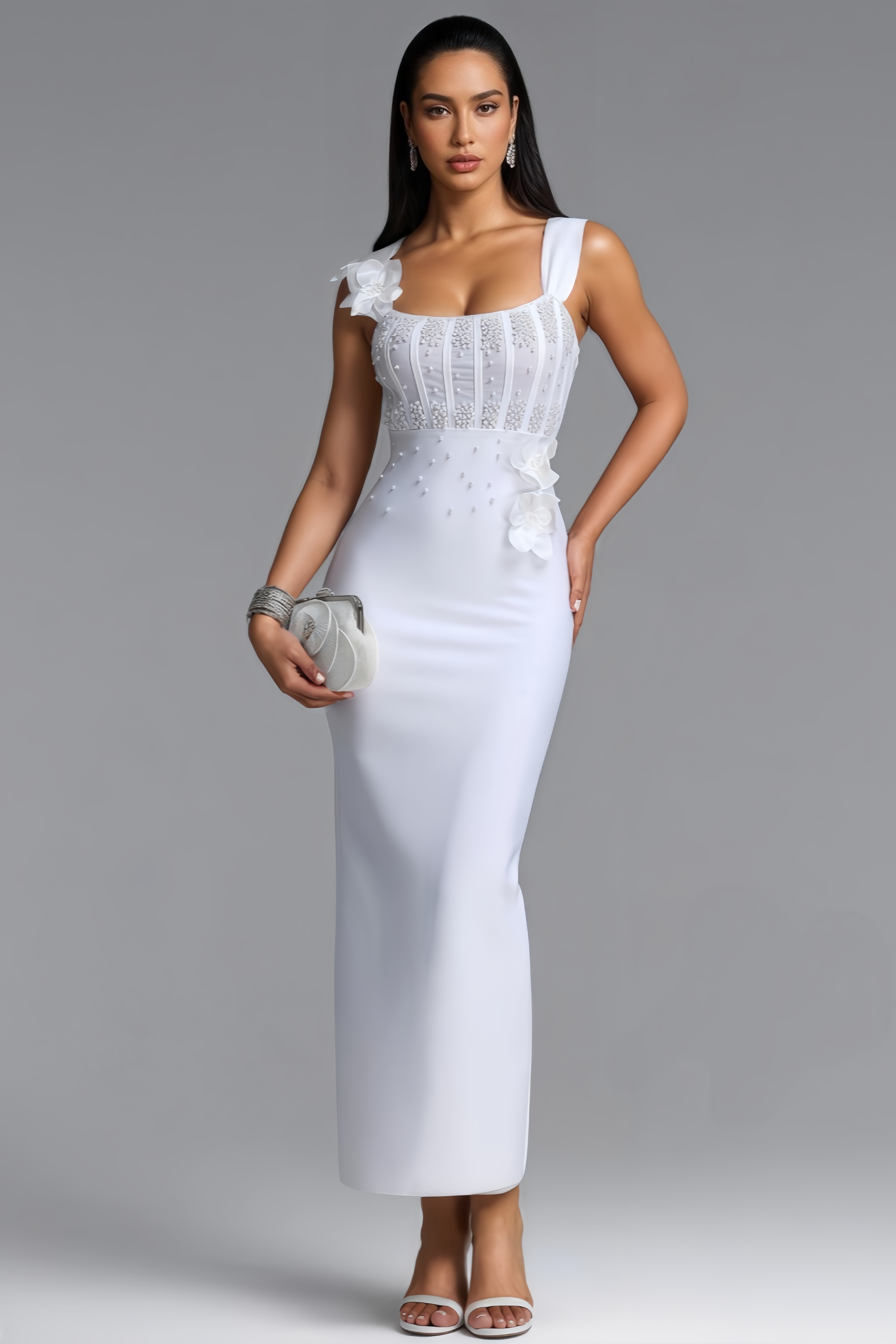 Veremiah White Pearl Bandage Maxi Dress