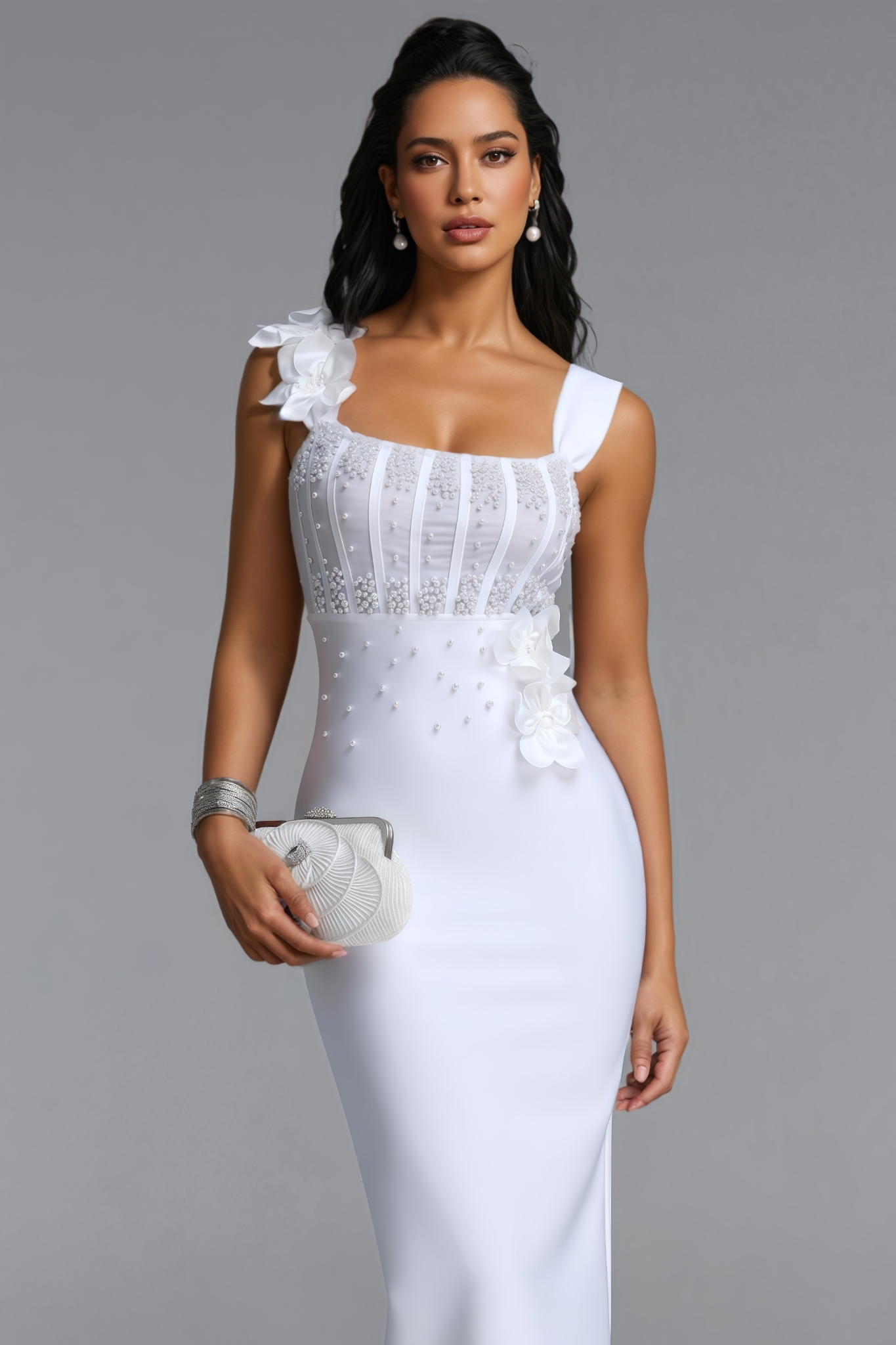 Veremiah White Pearl Bandage Maxi Dress