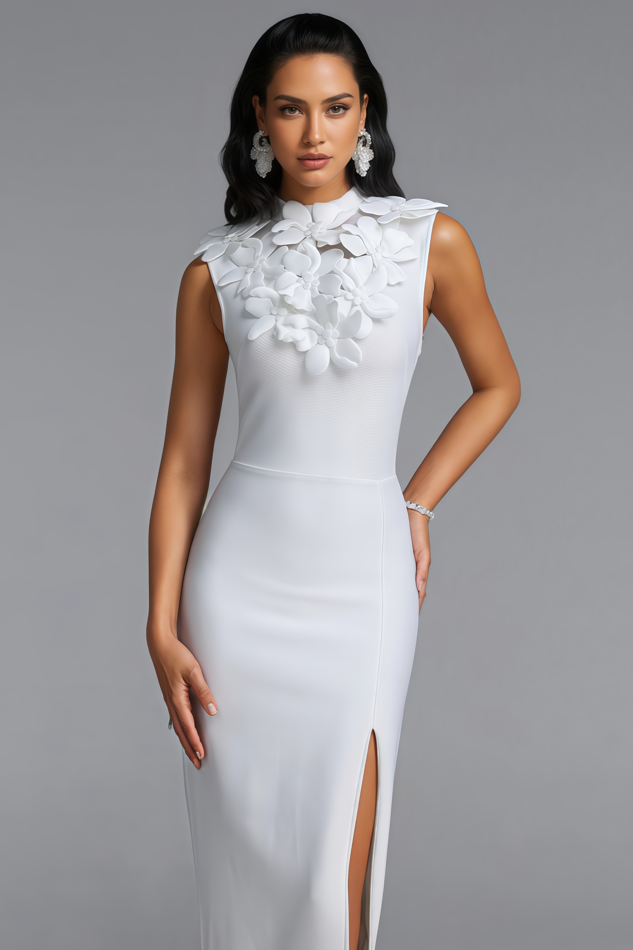 Barly White 3D Floral Bandage Maxi Dress